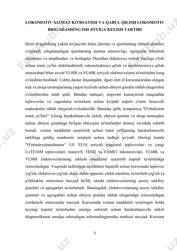 umati neft mahsulotlari iste'molini kamaytirish, ortiqcha elektr energiyasidan samarali foydalanish, havo ifloslanishini kamaytirish va temir yo'l transportida ekspluatatsiya xarajatlarini kamaytirish maqsadida "o'zbekiston temir yo'llari" aj magistral liniyalarini elektrlashtirish to'g'risida qaror qabul qildi, shu bilan birga elektrovozlar parki va assortimenti yildan-yilga ko'payib bormoqda. elektrlashtirish dasturining rivojlanishi. "o'ztemiryo'lmashtamir" ue o'zbekistondagi lokomotivlarni kapital ta'mirlash bo'yicha yagona ta'mirlash bazasidir. hozirda "o'zbekiston temir yo'llari" ajda elektrovozlarni ta'mirlash zavodi mavjud emas. shu sababli rossiyada elektrovozlarning asosiy qismini kapital ta'mirlash ishlari olib borildi. 1998 yildan boshlab "o'ztemikuobmanta'mik" unitar korxonasi negizida elektrovozlarni sinovdan o'tkazish bo'yicha ta'mirlash ishlari olib borilmoqda. "o'ztemiryo'lmashtamir" uening asosiy vazifasi - "o'zbekiston temir yo'llari" ajni sifatli ta'mirlangan lokomotivlar va ehtiyot qismlar bilan ta`minlash sifatini so'zsiz yaxshilash va tannarxini pasaytirish bilan elektrovozlarni ta'mirlash uchun ishlab chiqarish jarayonlarini avtomatlashtirish va mexanizatsiyalashni oshirish hamda kapital ta'mirlashni o'z ichiga oladi. elektr jihozlari sexining akkumulyatorlarni ta'mirlash bo'limining vazifalari va tuzilishi. batareya bo'limi yangi kislota va gidroksidi batareyalarni hosil qilish uchun, …