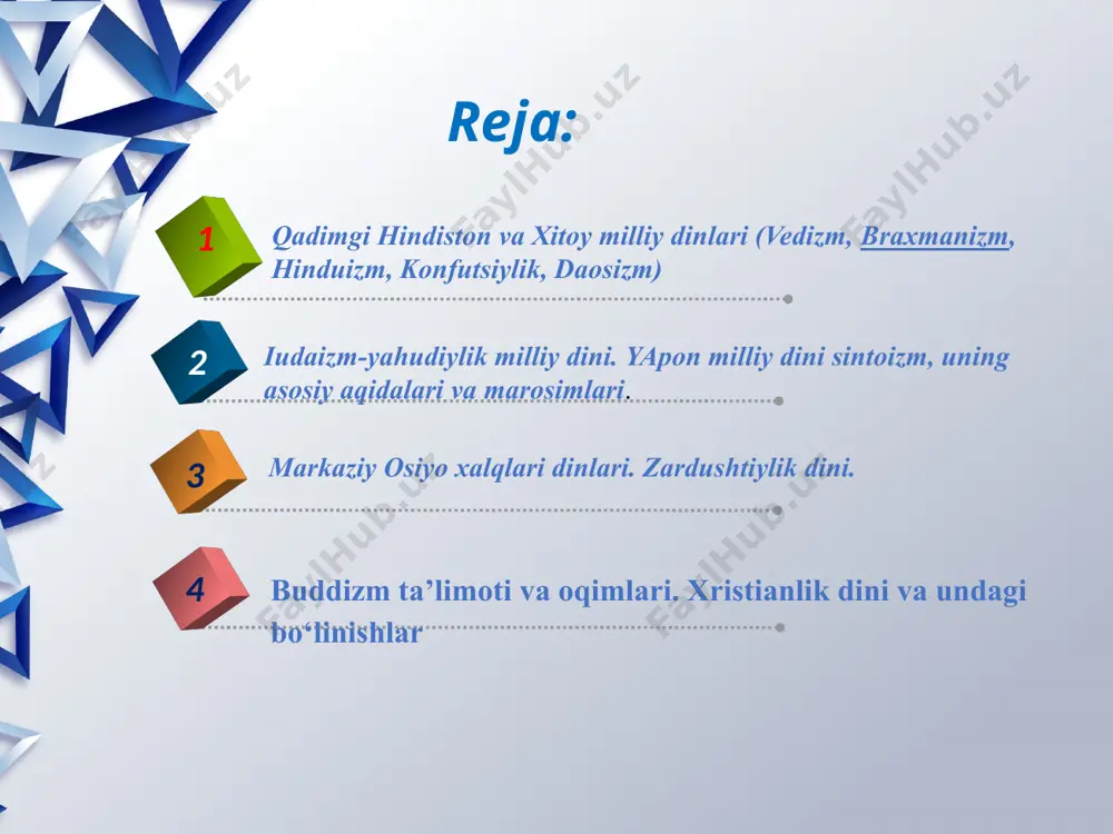 moli - g’arbiy hindiston hududidagi narslar o’rtasida e’tiqod qilinib kelinayotganligi uchun ham milliy davlat dinlari qatorida e’tirof etiladi. milliy davlat dinlari muayyan xalqning urf-odati, an’analari, turmush tarzi va milliy o’ziga xosligi bilan bog’liq ravishda shakllanib borgan. hinduizm.hinduizm juda murakkab din bo’lib u kastachilik asosida tashkil etilgan. hindistonda qadimgi davrlardan boshlab, braxmanizm, veydizm kabi diniy ta’limotlarga e’tiqod qilinib, eramizdan avvalgi vi asrda hindistonda buddaviylik dini vujudga keldi. buddaviylik braxmanizmdagi bir necha jihatlarni qabul qilgan bo’lsada, kasta ta’limotini inkor etdi. o’sha davrda hindistonda kasta tuzumini saqlab qolishga, braxmanizm dinini isloh qilib, qayta tiklashga qaratilgan harakat boshlandiki, bu harakat braxmanizm bilan buddaviylik o’rtasidagi kurashni ifodalovchi hinduizm dini edi. hinduizm dini xindlarning milliy davlat dini bo’lib, hindiston aholisining 83 foizi, yani 650 mln. kishi hinduizmga e’tiqod qiladi. hinduizmga e’tiqod qiluvchilar soni jihatidan jahonda uchinchi o’rinda turib, barcha hinduizmga e’tiqod qiluvchilarning soni 700 mln kishini tashkil etadi. hinduizmga e’tiqod qiluvchilarning yirik jamoalari boshqa mamlakatlarda ham …