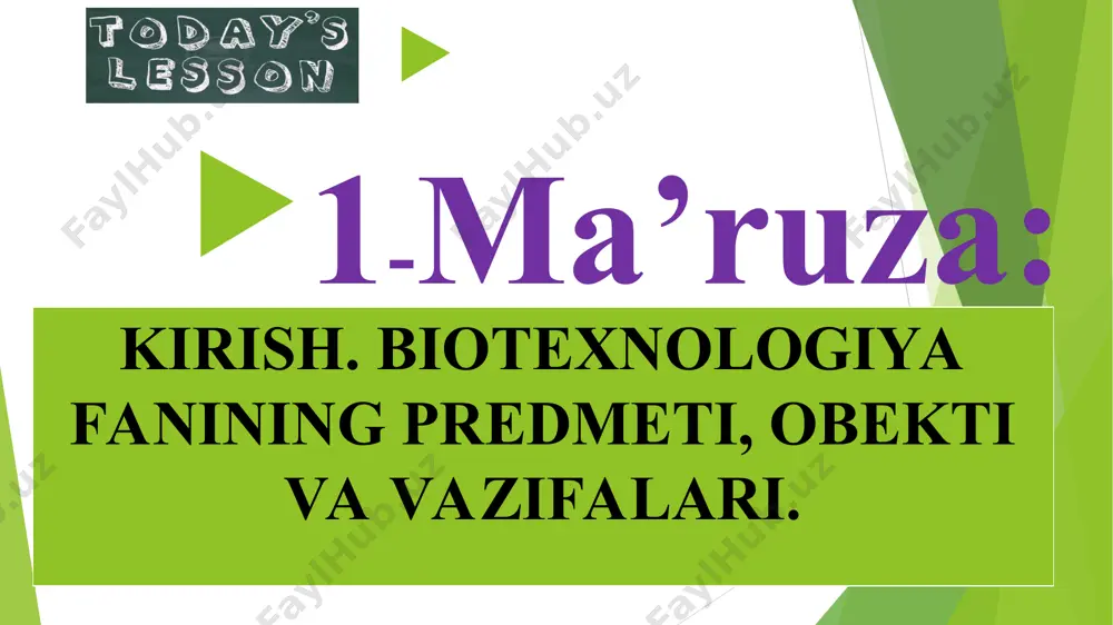 va ko`paytirish uchun biologik jarayonlardan foydalanish; kerakli mahsulotlar olish yoki servis texnologiyasini yaratish maqsadida biologik agentlar yordamida ishlov berish uchun ilmiy va injenerlik printsiplardan foydalanish. biotexnologiya so`zi grekcha so`zlar yig`indisi bo`lib, «bios” - hayot, «texne» - san’at, texnika va «logos” – tushuncha, ta’limot ma’nolarini bildiradi. biotexnologiya yo`nalishlarining vazifalari quyidagilardir: sog`liqni saqlash sohasida turli kasalliklarni davolash, diagnostikasi va profilaktikasi uchun yangi biologik aktiv moddalar va dorivor preparatlarni yaratish; qishloq ho`jaligi o`simliklarini kasallik qo`zg`atuvchilar va zararkunandalardan himoyalashning biologik vositalarini, bakterial o`g`itlar va o`simlik va hayvonlarning o`sish regulyatorlarini; noqulay atrof-muhit omillariga chidamli yangi o`simlik navlarini hamda foydali xususiyatga ega bo`lgan yangi hayvon zotlarini (transgen hayvonlar)ni yaratish; qishloq xo`jaligi hayvonlarining mahsuldorligini oshirish uchun qimmatli ozuqa qo`shilmalarini (ozuqaviy oqsil, aminokislotalar, vitaminlar, ozuqalarni hazm qilishga yordam beruvchi fermentlar va b.) yaratish; qishloq ho`jaligi va veterinariyada turli maqsadlarda qo`llanadigan yuqori samarali preparatlarni bioinjenerlik metodlari yordamida yaratish; oziq-ovqat, kimyoviy va mikrobiologik sanoat uchun qimmatli mahsulotlarni yaratish va ularni …