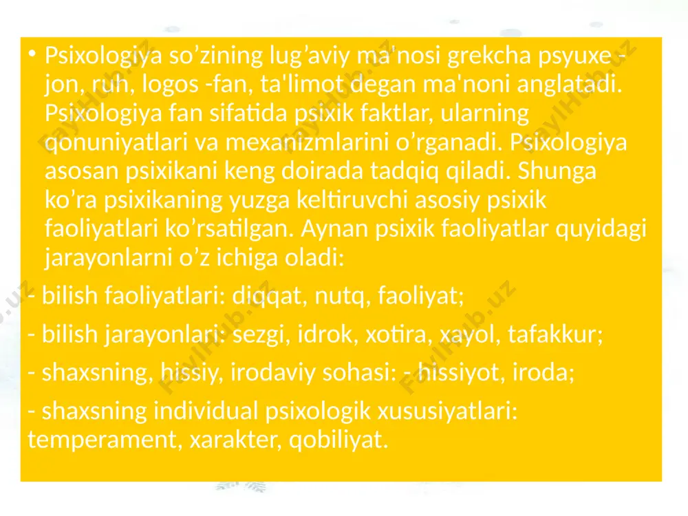 liyat maqsadlarini yaratish ongning vazifasiga kiradi. bunday faoliyat motivlari yuzaga keladi va chamalab ko’riladi, irodaviy qarorlar qabul qilinadi, harakatlarni bajarish yo’llari hisobga olinadi. ongning to’rtinchi xossasiga asosan turli munosabatlardan ongli ravishda turli his-tuyg’ular yuzaga keladi. ong kishilar munosabatlarining yig’indisidir. xulosa qilib aytganda, psixologiya hayot faoliyatining o’ziga xos shakli bo’lib, psixik rivojlanishning qonuniyat va mexanizmlarini o’rganuvchi fandir. psixologiya fanining asosiy vazifasi psixik hodisalarni o’rganish va ilmiy asoslashdir. psixik hodisalar ma'lum qonuniyatlarga bo’ysunadi. psixologiya shunday qonuniyatlarni mohiyatini ochishga, ularni tarkib topishi va rivojlanishini o’rganishga qaratilgandir. ushbu qonuniyatlarni bilish, ularni boshqarish, tashkil etish, ta'lim-tarbiya jarayonini to’g’ri olib borishga yordam beradi. e'tiboringiz uchun tashakkur mbx-au-23 guruhi talabasi qodirova ziyoda image1.jpeg image2.jpeg image3.jpeg image4.jpeg image5.jpeg image6.jpeg image7.jpeg image8.jpeg image9.jpeg image10.jpeg image11.jpeg