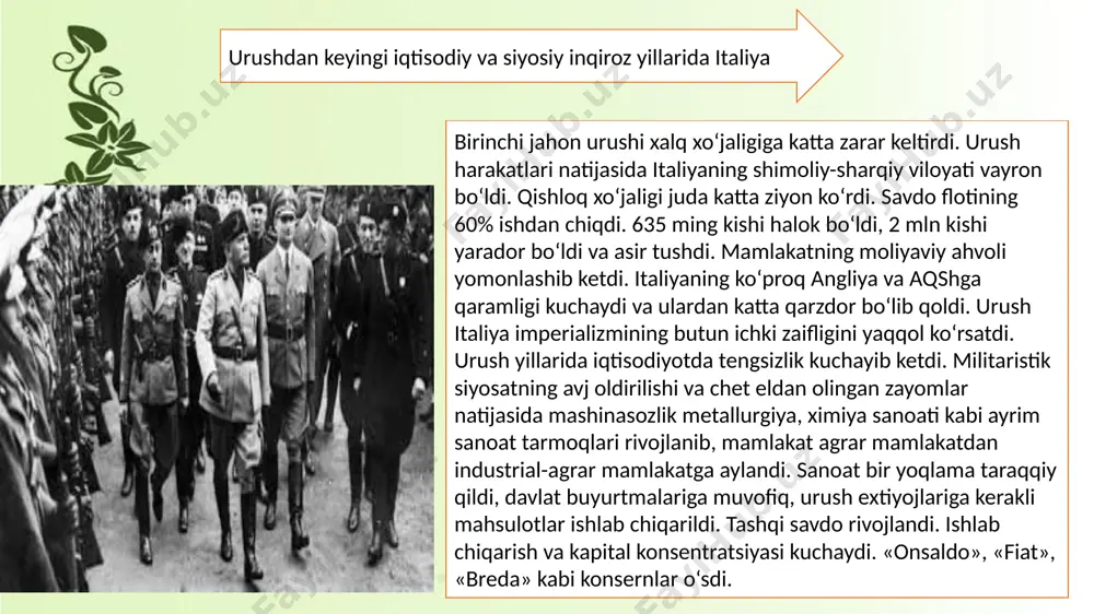 h burjuaziyani mamlakatda «tartib» o‘rnata oladigan kuchli hokimiyat qidirishga majbur qildi. fashistlar bu maqsadga eng mos keladigan kuch edilar. 1920 yilning kuzidan boshlab fashist tashkilotlari tez ko‘paya bordi. fashistlar «ulug‘ italiya» shiori ostida keng bosqinchilik g‘oyalarini, ashaddiy shovinizmni targ‘ib qildilar. 1920 yil avgustida antanta bilan turkiya o‘rtasida tuzilgan sevr sulh shartnomasiga binoan, italiya egey dengizidagi dodekanes orollariga ega bo‘ldi. italiyaga millatlar ittifoqi sovetidan doimiy o‘rin berildi. 1921-1922 yillardagi vashington konferensiyasida katta harbiy kemalar bo‘yicha italiyaning harbiy dengiz floti fransiya floti bilan tenglashtirildi. italiya ko‘p qiyinchiliklar evaziga o‘z hududini ancha kengaytira olganligi va ayrim imtiyozlarga ega bo‘lishi natijasida uning ulug‘ davlat sifatidagi ahamiyati oshgan bo‘lsada, mamlakatning iqtisodiy va siyosiy ahvoli beqaror bo‘lib qolaverdi. fashistlar yirik monopoliyalarning qo‘llab-quvvatlashidan, burjua hukumatlarining keng yo‘l berib qo‘yishi va sotsialist islohatchilarning murosachiligidan foydalandilar. fashistlar shiddat bilan hokimiyat sari intildilar. 1921 yil may oyidagi saylovlarda ular parlamentda 35 o‘ringa ega bo‘ldilar. 1922 yil kuziga kelib, ko‘pgina munitsipalitetlar …