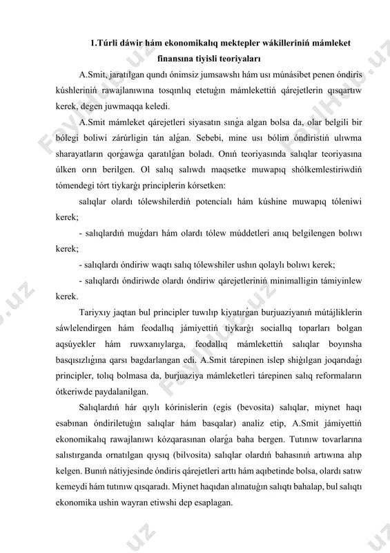 lıq rawajlanıwı kózqarasınan olarǵa baha bergen. tutınıw tovarlarına salıstırganda ornatılgan qıysıq (bilvosita) salıqlar olardıń bahasınıń artıwına alıp kelgen. bunıń nátiyjesinde óndiris qárejetleri arttı hám aqıbetinde bolsa, olardı satıw kemeydi hám tutınıw qısqaradı. miynet haqıdan alınatuģın salıqtı bahalap, bul salıqtı ekonomika ushin wayran etiwshi dep esaplagan. 2. siyasiy ekonomika klassikleriniń koncepciyalarınıń finanslıq tárepleri tiykarınan, tap usınday kózqaraslardı d.rikardo (1772-1823) de óziniń "siyasiy ekonomika hám salıq salıwdıń baslanıwı" shıǵarmasında qorǵagan. miynettiń qun teoriyasınan kelip shiqqan halda, barlıq salıqlar sózsiz yamasa kapitalǵa, yamasa dáramatqa tásir etedi, dep esaplagan. eger salıqlar kapitaldan óndirilse, ónimli miynetti saqlawga mólsherlengen fond qısqaradi. salıqlar dáramattan alınǵanda bolsa, kapitaldıń toplanıwı qısqaradı yamasa salıq tólewshiniń paydalanıwı kemeyedi. birinshi zárúrlik predmetlerinen alınatuǵın salıqlar olardıń bahasınıń artıwına sebep bolıp, olar paydalanatuǵın tovarlardıń muǵdarına salıstırǵanda joqarı proporciyalarda tutınıwshınıń moynına júklenedi. d.rikardo pikirinshe, tovarlar hám miynet haqıdan óndiriletuģın hárqanday salıqlar, birdey dárejede bolmasa da, miynet haqınıń artıwına hám paydanıń azayıwına alıp keledi. joqarıda aytıp …
