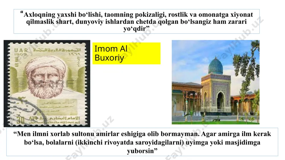 i bitmaydi, tig‘ yarasi bitadi.” bugun atlas kiygang, kechagi bo‘z ko‘ylagingni unutma” 1."takrorlash bilimning asosidir". 2.“yer yuzasidagi har qanday kasbdan ko‘ra yuqoriroq turadigan juda faxrli kasb” 3.darsni tabiat borlig‘iga moslabi o‘tishdan iboratdir. “qush o‘ziga uya yasaydi, uya issiq va yumshoq bo‘lishi kerak. maktab ham xuddi shunday bo‘lish kerak” “kelib ko‘rsunlar, durust bo‘lsa, rivoj bersunlar, nodurust bo‘lsa, dalil ila isbot qilsunlar” bolalarga beriladigan jazo va tanbeh juda demokratik va insonparvarlik ruhida bo‘lishi lozim” “otang farzandi bo‘lma, odam farzandi bo‘l” 1.baliqning suvsiz yashamog‘i mumkin bo‘lmagani kabi insonning ham ilmsiz yashamog‘i mumkin emas” 2.«dars ila tarbiya orasida bir oz farq bor bo‘lsa ham, ikkisi bir-biridan ayrilmaydurgan, birining vujudi biriga boylangan jon ila tan kabidur» 3.tarbiya xususiy ish emas, milliy, ijtimoiy ishdir 4.“butun hayotimiz, salomatimiz, saodatimiz, sarvatimiz, maishatimiz, himmatimiz, g‘ayratimiz, dunyo va oxiratimiz” 1.eshitdim — unutdim, ko‘rdim — eslab qoldim, bajardim — tushundim 2.kelajak uchun kurashmoqchi bo‘lsang, o‘tmishni o‘rgan 1.bola tug‘ilgan soat — unga …