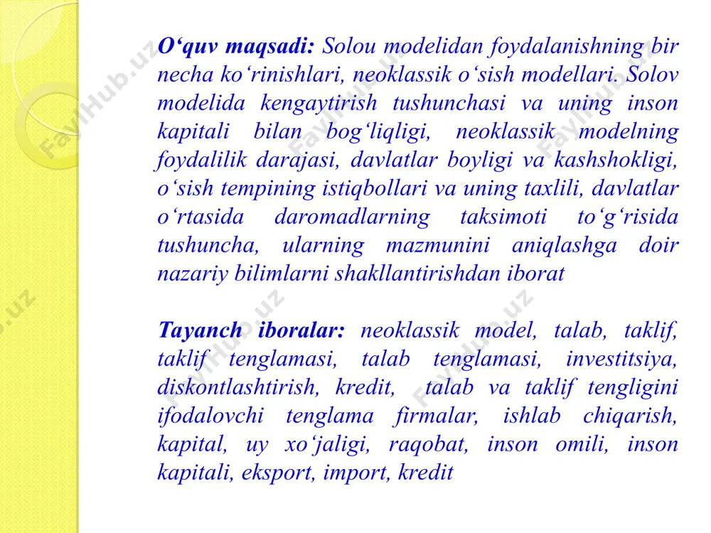 nt bo‘lib qisqa davrda o‘zgarmaydi. a va b - mehnat va kapital sarflari bo‘yicha ishlab chiqarish hajmi egiluvchanligi koeffisienti. kobb-duglas modeli bir qator xususiyatlarga ega bo‘lib, ularning asosiylari quyidagilar: kapital va mehnatdan foydalanish qancha miqdorga ko‘paysa, yalpi ishlab chiqarish yoki daromad hajmi ham shunchaga ko‘payishini ko‘rsatadi, ya’ni f(nk,nl) = na ka lb. mavjud texnologiyada me’yorli unumdorlikning o‘zgarishiga bog‘liq holda, mehnat va kapital o‘rtasidagi nisbat buzilishi ishlab chiqarish optimal hajmini kamaytiradi, ya’ni ishlab chiqarish samaradorligini pasaytiradi. mehnat (a) va kapital daromadi (v) nisbatining barqarorligi milliy mahsulotda kapital va mehnat ulushi nisbatining barqarorligini bildiradi. golland iqtisodchisi yan tinbergen texnika taraqqiyotining ta’sirini hisobga olgan holda kobb-duglas formulasiga quyidagi o‘zgartirishni kiritadi: y=a- ka • lb r(n) iqtisodiy o‘sish modelida texnika taraqqiyoti (g) ta’sirini aks ettirish mahsulot ishlab chiqarishning o‘sishi faqatgina k va l ga qilingan xarajatlarning ortishi hisobigagina emas, balki boshqa omillar hisobiga ham ro‘y berishini ko‘rsatadi. “xarajatlar - ishlab chiqarish (v. leontev) modelida …