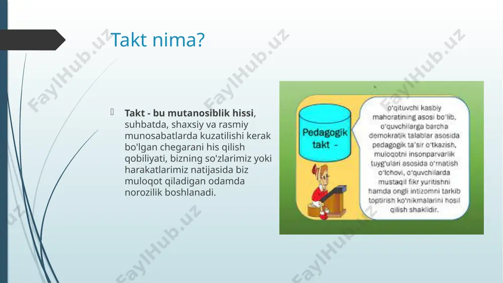 izning holatingizni tushunib turibman...), o'z holatini tushuntirish (shu meni o'yiantiryapti...) ya'ni hatti-harakatni darrov baholamang, oldin tug'ilgan vaziyatga bo'lgan munosabatingizni bildirishga harakat qiling. to'rtinchi qoida. maqsadni muvofiqlashtirish. talaba bilan sizni birlashtiruvchi narsani tezroq anglash va uni ko'rsatish. beshinchi qoida. samarali echim borligiga ishonishingizni namoyish qiling. va nihoyat, konflikt hal qilinganidan so'ng uni tahlil qilib chiqing (sababi va oldini olish yo'llari). muloqot qoidalariga rioya qilish o'qituvchiga har bir talaba uchun muvafaqqiyat vaziyatini yaratishga va u bilan samarali hamkorlikni o'rnatishga, talabaning barcha qobiliyatlarini ochib berishga imkoniyat yaratadi. pedagogik nazokat pedagogik nazokat - о‘qituvchi axloqiy-m a’naviy qiyofasini namoyon etuvchi me’yor tuyg 'usi yoki xulq va odob qoidalariga rioya qilishi demakdir. pedagogik nazokat o'qituvchining o'quvchilar bilan o'zaro munosabatini tashkil qilish vositasi. psixologik til bilan aytilganda, nazokat insonning bir qolipdagi barqaror tasavvurlarida mujassamlashgan shaxsiy insoniy hislatlarining yig'indisidir. image1.jpeg image2.png image3.jpeg /docprops/thumbnail.jpeg