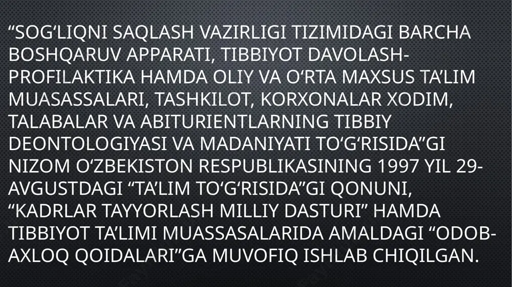 zo‘ravonlik, fahsh elementlarini targ‘ib qiluvchi rasmlar va yozuvlar aks etgan, rusum sifatida “yirtilgan”, “titilgan” va jinsi matosidan tikilgan kiyimlarda yurish; muassasa hududida sport kiyimlari, kalta shim va krossovkalarda yurish (jismoniy tarbiya darslari va darsdan so‘ng talabalar turar joyi binosi, sport maydonchalari va hasharlardan tashqari); hijob va boshqa diniy kiyim-boshlarda yurish; o‘quv anjomlarini ro‘zg‘or, bozor-o‘char uchun mo‘ljallangan paket-xaltalarda olib yurish; quloq va barmoqlardan tashqari tananing turli qismlariga zirak yoki metall buyumlar taqib yurish; oq xalat va kiyimlarda turli xil chet el va boshqa firma yorliqlari bo‘lishi taqiqlanadi. e’tiboringiz uchun rahmat !!! image2.png image3.png /docprops/thumbnail.jpeg