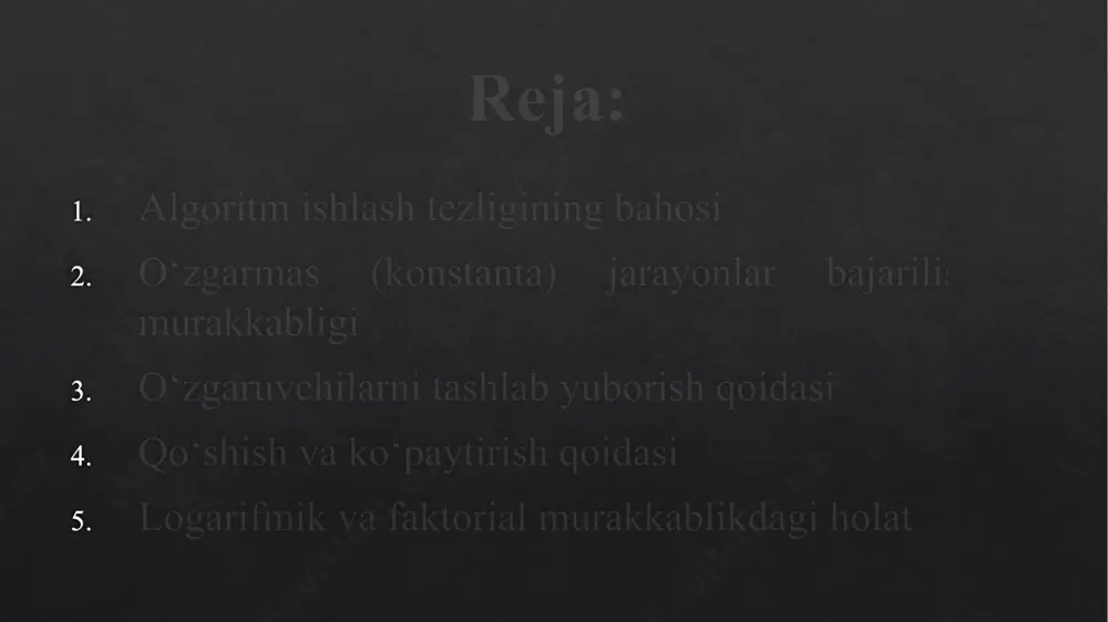 sivning asta-sekin saralanishi o(n^2) ga teng. algoritm murakkabligi tahlili eng yaxshi holat uchun murakkablik eng yomon holat uchun murakkablik o’rtacha holat algoritmlar uchun eng yaxshi holat bu qisqa vaqt ichida amalga oshiriladigan algoritmning ma'lumotlar jamlanmasi. bunday jamlanma algoritm eng kam amal bajaradigan qiymatlar kombinatsiyasini ifodalaydi. eng yomon holatni tahlil qilish juda muhim, chunki u algoritm ishining maksimal vaqtini tasavvur qilishga yordam bеradi. eng yomon holatni tahlil qilganda algoritm eng ko’p ish bajaradigan kirish ma'lumotlarini topish zarur. eng yomon holatning tahlili tanlangan algoritmga qarab dasturning ishlash vaqti uchun yuqori bahoni bеradi. o’rta holatning tahlili eng murakkab hisoblanadi, chunki u ko’pgina dеtallarni hisobga olishni talab qiladi. tahlil asosini mavjud bo’lgan kiruvchi ma'lumotlar to’plamini bo’lib chiqish lozim bo’lgan turli guruhlarni aniqlash tashkil qiladi. ikkinchi qadamda kiruvchi ma'lumotlar to’plami qaysi guruhga tеgishli bo’lish ehtimoli aniqlanadi. uchinchi qadamda har bir guruhdagi ma'lumotlarga algoritmning ish vaqti hisoblanadi. o‘zgarmas (konstanta) jarayonlar bajarilishining murakkabligi python kod var_a = …