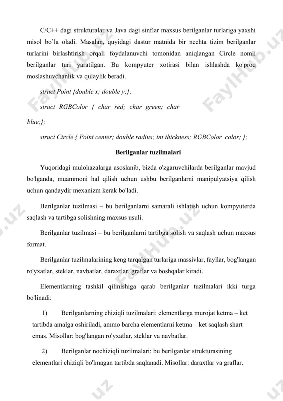 idagi mulohazalarga asoslanib, bizda o'zgaruvchilarda berilganlar mavjud bo'lganda, muammoni hal qilish uchun ushbu berilganlarni manipulyatsiya qilish uchun qandaydir mexanizm kerak bo'ladi. berilganlar tuzilmasi – bu berilganlarni samarali ishlatish uchun kompyuterda saqlash va tartibga solishning maxsus usuli. berilganlar tuzilmasi – bu berilganlarni tartibga solish va saqlash uchun maxsus format. berilganlar tuzilmalarining keng tarqalgan turlariga massivlar, fayllar, bog'langan ro'yxatlar, steklar, navbatlar, daraxtlar, graflar va boshqalar kiradi. elementlarning tashkil qilinishiga qarab berilganlar tuzilmalari ikki turga bo'linadi: 1) berilganlarning chiziqli tuzilmalari: elementlarga murojat ketma – ket tartibda amalga oshiriladi, ammo barcha elementlarni ketma – ket saqlash shart emas. misollar: bog'langan ro'yxatlar, steklar va navbatlar. 2) berilganlar nochiziqli tuzilmalari: bu berilganlar strukturasining elementlari chiziqli bo'lmagan tartibda saqlanadi. misollar: daraxtlar va graflar. berilganlarning abstrakt (mavhum) turlari (bat) berilganlarning abstrakt turlarini aniqlashdan oldin, tizim tomonidan aniqlangan berilganlar turlarini boshqa nuqtai nazar bilan ko'rib chiqamiz. barchamizga ma’lumki, barcha tayanch berilganlar turlari (int, float va boshqalar) kelishuv bo'yicha qo'shish …