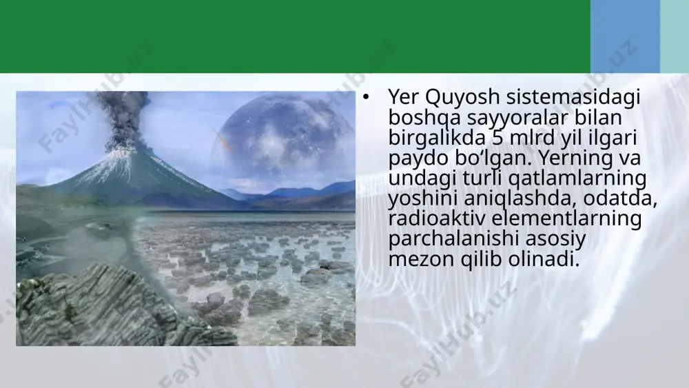 hanglar, molluskalar, bo‘g‘imoyoqlilar paydo bo‘ladi. proterazoy erasida ro‘y bergan aromorfoz tipdagi yirik o‘zgarishlarga ikki tomonlama simmetriyali hayvonlarning kelib chiqishini misol qilib keltirish mumkin. bu ular tanasini oldingi va keyingi, yelka va qorin qismlariga bo‘linishini ta’minlaydi. oldingi qismida sezgi organlari, nerv tugunlari bo‘ladi. hayvonlarning yelka tomoni esa himoya qilish funksiyasini bajaradi, qorin tomoni harakatlanish va oziq tutishni ta’minlaydi. proterozoy erasining oxiriga kelib dastlabki xordali hayvonlar – bosh skeletsizlar kenja tipi paydo bo‘lgan. savol va topshiriqlar yerning yoshini aniqlashda qanday mezonga asoslanadi? arxey erasida nima sababdan tirik organizmlarning hech qanday qoldiqlari saqlanib qolmagan? arxey erasidagi aromorfozlarni tushuntiring. proterozoy erasida o‘simliklar evolutsiyasi qanday kechgan? proterozoy erasidagi hayvonot dunyosi aromorfozlarini aytib bering. image2.jpeg image3.jpeg image4.jpeg image5.jpeg image6.jpeg image7.png image8.gif image9.jpeg image10.jpeg image11.jpeg image12.jpeg image13.jpeg image1.jpeg
