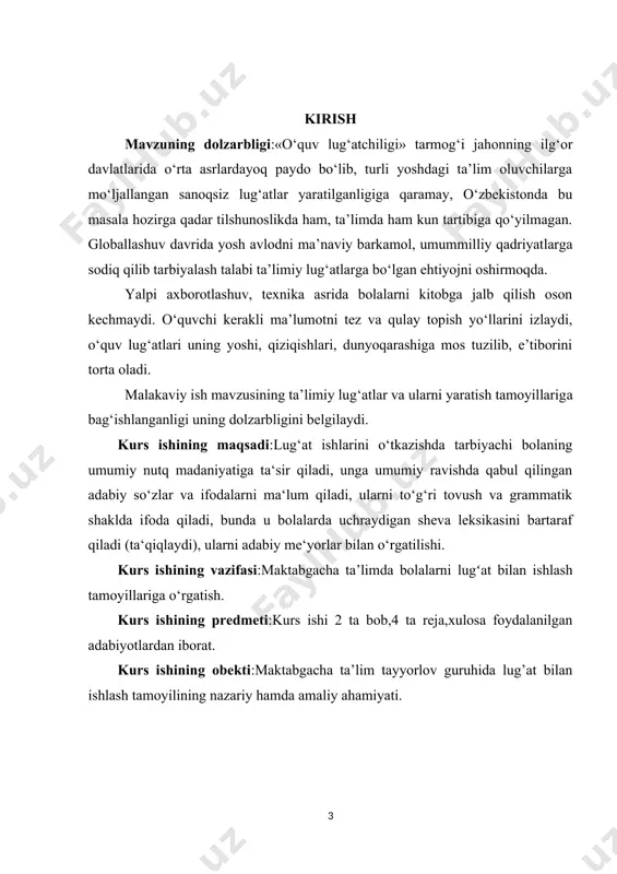 hida lug’at bilan ishlash tamoyilining nazariy hamda amaliy ahamiyati. «lug‘atni egallash» atamasi – bu nafaqat so‘zni o‘zlashtirish, uni tushunish, balki uni albatta qo‘llash, nutqiy faoliyatda foydalanish demakdir. insonning yuqori nutq madaniyati, lug‘atining boyligi haqida u «eshitilgan», insonning jonli nutqini bezab turgan taqdirdagina so‘z yuritish mumkin. lug‘at ishidagi asosiy jihat – bu faqat bolalarga yangi so‘zni tanishtirish emas, balki ularni faol nutqqa kiritishdir. maktabgacha ta‘lim muassasasidagi lug‘at ishi – bu bolalarning faol lug‘atini notanish yoki ular uchun qiyin bo‘lgan so‘zlar bilan reja asosida boyitib borishdan iboratdir. o‘zbek tili lug‘ati to‘xtovsiz tarixiy rivojlanish jarayonida bo‘ladi. undagi o‘zgarishlar eng avvalo insonning ishlab chiqarish faoliyati, jamiyatning rivojlanishi bilan bog‘liqdir. yangi narsalar va hodisalarning paydo bo‘lishi bilan ularni nomlovchi yangi tushunchalar va so‘zlar ham paydo bo‘ladi. bundan tashqari ilgaridan mavjud bo‘lgan ayrim so‘zlar yangilanadi, ularning ma‘nosi o‘zgaradi, ko‘p so‘zlar muomaladan chiqib ketadi. bolalar bilan lug‘at ishlarini o‘tkazishda so‘zning rivojlanuvchi tusga egaligini hisobga olish zarur. o‘zbek …