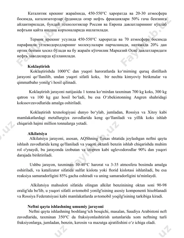 влатларининг кўплаб нефтьни қайта ишлаш корхоналарида ишлатилади. термик крекинг усулида 450-550°c ҳароратда ва 70 атмосфера босимда парафинли углеводородларнинг молекулалари парчаланади, натижада 20% дан ортиқ бензин ҳосил бўлади ва бу жараён кўпчилик марказий осиё давлатларидаги нефть заводиларда қўлланилади. koklaştirish koklaştirishda 1000°c dan yuqori haroratlarda koʻmirning quruq distillash jarayoni qoʻllanilib, undan yuqori sifatli koks, bir nechta kimyoviy birikmalar va qimmatbaho yonilgʻi hosil qilinadi. koklaştirish jarayoni natijasida 1 tonna koʻmirdan taxminan 700 kg koks, 300 kg qatron va 100 kg gaz hosil boʻladi, bu esa oʻzbekistonning angren shahridagi kokssovzavodlarida amalga oshiriladi. koklaştirish texnologiyasi dunyo boʻylab, jumladan, rossiya va xitoy kabi mamlakatlardagi metallurgiya zavodlarida keng qoʻllaniladi va yillik koks ishlab chiqarish hajmi million tonnalarga yetadi. alkilatsiya alkilatsiya jarayoni, asosan, aqshning texas shtatida joylashgan neftni qayta ishlash zavodlarida keng qo'llaniladi va yuqori oktanli benzin ishlab chiqarishda muhim rol o'ynaydi, bu jarayonda izobutan va izopren kabi uglevodorodlar 90% dan yuqori darajada biriktiriladi. ushbu jarayon, taxminan 10-40°c …