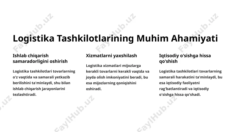 temir yo'l transporti poezdlar yordamida yuklarni tashish. havo transporti samolyotlar yordamida tezkor yetkazib berish. suv transporti kemalar yordamida yuklarni tashish. ombor xo'jaligini boshqarish saqlash tovarlarni xavfsiz va samarali saqlash. inventarizatsiya tovarlarni hisobga olish va kuzatish. qadoqlash tovarlarni transport va saqlash uchun qadoqlash. buyurtmalarni bajarish buyurtmalarni qabul qilish, to'plash va yetkazib berish. yetkazib berish zanjirini boshqarish 1 xom ashyoni yetkazib berish xom ashyoni yetkazib berishni boshqarish. 2 ishlab chiqarish tovarlarni ishlab chiqarish jarayonlarini boshqarish. 3 ombor xo'jaligini boshqarish tovarlarni saqlash, inventarizatsiya qilish va boshqarish. 4 yetkazib berish mijozlarga tovarlarni yetkazib berishni tashkil qilish. aksiyadorlarga logistika xizmatlari buyurtma qabul qilish mijozlardan buyurtmalarni qabul qilish va qayta ishlash. rejalashtirish va optimallashtirish yetkazib berish marshrutlarini rejalashtirish va optimallashtirish. yetkazib berish tovarlarni o'z vaqtida va xavfsiz yetkazib berish. kuzatuv va hisobot yetkazib berish jarayonini kuzatish va hisobot berish. innovatsion yechimlar 1 avtomatlashtirish ombor xo'jaligini avtomatlashtirish va robotika. 2 internet of things (iot) yuklarni kuzatish va …