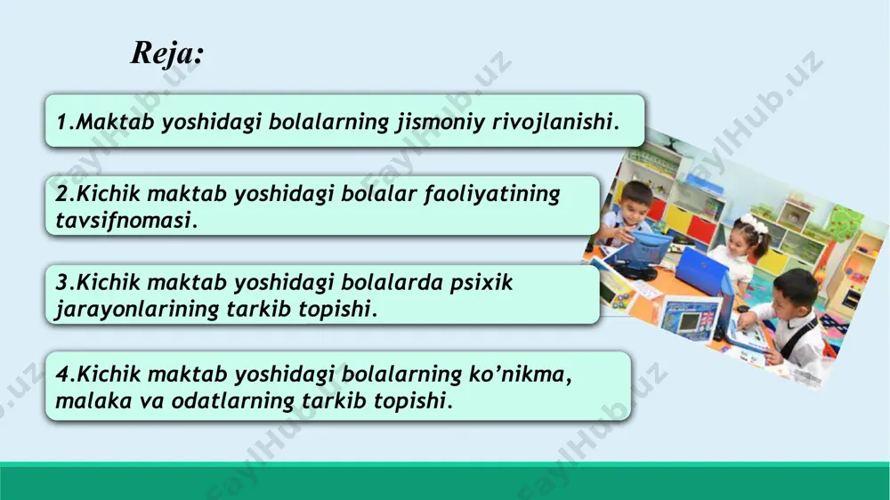 tni o’yindan topadilar. o’yin mazmunining rivojlanishi bolaning kattalar hayoti va faoliyatining mohiyatiga chuqurroq kirib borishida, atrofdagi voqeliklarga munosabati o’zgarishida aks etadi. qo’zg’alish va tormozlanish jarayonining birmuncha muvozanatligi; o’z-o’zini boshqarish, intizomi, xulqiga baho bera olish; ijobiy emotsiyalar, xushchaqchaqlik, quvnoq va bardam kayfiyat ustun bo’ladi; bog’cha yoshidagiga nisbatan sezgilari birmuncha ortadi; ixtiyoriy va tushunib esda qoldirish tez rivojlana boshlaydi. kichik maktab yosh davri xususiyatlari: ta’lim faoliyati o’quvchiga ma’lum bilim, ko’nikma, malakalar berish va bu bilan odaamning bilish faoliyatini rivojlantirish jarayonidir. ko’rinib turibdiki, o’qitish ikki tomonlama jarayon bo’lib, o’qituvchi va o’quvchi tomonidan amalga oshirilar ekan, o’qitish pedagogik jarayon bo’lib, maxsus tayyorlangan kishi rahbarligiga bilim, iqtidor, malaka egallanadi. mehnat shaxs, jamiyatning moddiy va ma’naviy ehtiyojlarini qondirish uchun zarur bo’lgan ijtimoiy mahsulotlarni yetishtirishga qaratilgan faoliyatdir. mehnat inson faoliyatining tarixan vujudga kelgan dastlabki turi bo’lib, odam hayvonot dunyosidan ajralib chiqib, ongli mavjudotga – odamga aylanadi. o’quvchilar mehnat tarbiyasining psixologik asoslari. bolalar mehnatining turlari; bolalarni mehnatga psixologik …