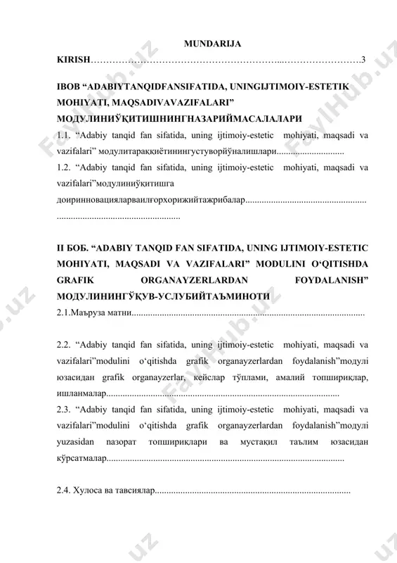 gidagiustivoryo‘nalishlarnuqtainazaridanqargandaushbufannio‘qiishnihoyatdadolzarbekanima’lumbo‘ladi. o‘zbekadabiytanqidchiligio‘ztarixidabirnechabosqichlarnibosibo‘tdi. tanqidchilikningbugungikundagimasalalarinio‘rganishhamdolzarbdir. fanningahamiyati “o‘zbekadabiytanqidchiligitarixi” fanidamunaqqidlar, adib-munaqqidlarningfaoliyati, adabiytanqidchilikdagijanrlarvauslublarmasalasitadqiqqilishorqalitalabadatanqidiyqarashshakllantiriladi. badiiyasargatanqidiyvaxolisbahoberaolishjihatidanbufanmuhimsanaladi. o‘quvfaniningmaqsadivavazifalari adabiytanqidchiliktarixidanchuqurbilmberish, ulardatanqidchiliktarixibo‘yichayaxlittasavvuruyg‘otish, adabiytanqidningo‘zibiralohidaolamekaniniuqtirishbufanningmaqsadisanaladi. fannio‘qitishningvazifalari: · o‘zbekadabiytanqidchiligitarixiyuzasidanma’lumotberish; · o‘zbektanqidchiliginijahonadabiytanqidchiliginingtarkibiyqismiekanligi; · adabiytanqidningo‘zigaxossohaekaninitushuntirish; · adabiytanqidjanrlaribo‘yichabilimberish; · munaqqidlarfaoliyatinio‘rganishkabibirqatorvazifalardaniboratdir. fanbo‘yichatalabalarningbilimi, ko‘nikmavamalakasigaqo‘yiladigantalablar o‘zbekadabiytanqidchiligitarixibo‘yichachuqurnazariybilimgaegabo‘lish, badiiyasarnitanqidiyjihatdanxolistahlilqilish, badiiyasargaestetikbahoberish, adabiyjarayonniilmiylikasosidabaholashko‘nikmalarinihosilqilishdaniborat. fanningo‘quvrejadagiboshqafanlarbilano‘zarobog‘liqligivauslubiyjihatdanuzviyketma-ketligi adabiyottarixi, adabiyotnazariyasi, estetika, qiyosiy adabiyotshunoslik, psixologiya, falsafafanlaridao‘rganiladiganmuammolarningumumiyligibilanbir-birigabog‘langan. fanningishlabchiqarishdagio‘rni talabalardao‘zbekadabiytanqidchiligitarixifanibo‘yichabilimlarnishakllantirish, adabiy-badiiyasarnuqtainazaridantahlilqilishgadoirmuayyanbilimgaegabo‘lishvaularniamaliyotdatatbiqetishmuhimahamiyatgaega. bujarayonbevositaadabiy-ilmiy, ma’naviy-ma’rifiysohalardaamaliyahamiyatkasbetadi. fannio‘qitishdazamonaviyaxborotvapedagogiktexnologiyalar “o‘zbekadabiytanqidchiligitari