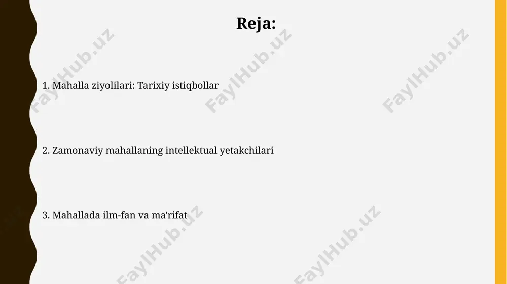 chi 5 foizga kamaydi. mahalla madaniyatining rivojida ziyolilarning roli mahallada kitobxonlik, teatr va musiqa kabi madaniy faoliyatlarni rivojlantirishda 20-asrning 30-yillaridan boshlab mahalliy ziyolilarning tashabbuslari bilan 50 dan ortiq madaniyat uylari tashkil etilganligi tarixiy dalillar bilan tasdiqlangan. mahalla madaniyatining rivojlanishiga 19-asr oxiri 20-asr boshlarida milliy uyg'onish davrida faol ishtirok etgan ziyolilarning hissasi katta bo'lib, ular zamonaviy ta'lim va madaniy dasturlarni joriy qilishda muhim rol o'ynaganlar. mahalla hunarmandlari va ularning bilimlari mahalla ustalarining 70% dan ortig'i o'z bilimlarini yoshlarga o'rgatishda faol bo'lib, ustoz-shogird an'anasini davom ettirmoqdalar. mahalla hunarmandlarining kamida 30%i o'z hunari bo'yicha 10 yildan ortiq tajribaga ega bo'lib, bu ularning amaliy bilimlarining chuqurligini ko'rsatadi. xalq og’zaki ijodi va mahalla ziyolilari mahalla madaniy markazlari sifatida masjidlar va medrese-larda faoliyat yuritgan 50 dan ortiq ulamo va xo'ja mahalliy aholi orasida bilim va madaniyatni yoyishda muhim rol o'ynagan. mahalla ziyolilari, 19-asr oxiri va 20-asr boshlarida xalq og'zaki ijodining, ayniqsa, dostonchilik va qo'shiqchilik an'analarining saqlanishi …