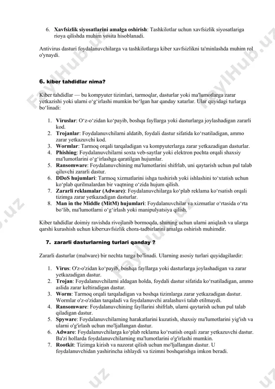 dlarga javob beradi. 4. yangilanishlar: antivirus dasturlari muntazam ravishda yangilanadi, bu esa yangi kiberhujumlar va zararli dasturlarni aniqlashda yordam beradi. 5. fayl va tizim skanerlar: foydalanuvchilar tomonidan belgilanadigan skanerlash opsiyalari yordamida, fayllar yoki butun tizim skanerlanishi mumkin. antivirus dasturlari kiberxavfsizlikni ta'minlashda muhim vosita bo'lib, foydalanuvchilarni turli xavf-xatarlardan himoya qiladi. 5.bizga antivirus dasturi nima uchun kerak?конец формы antivirus dasturi quyidagi sabablarga ko'ra zarur: 1. zararli dasturlarni himoya qilish: viruslar, trojanlar, spyware va boshqa zararli dasturlar kompyuter va ma'lumotlarga jiddiy zarar yetkazishi mumkin. antivirus dasturlari bularni aniqlab, o‘chirishga yordam beradi. 2. ma'lumotlarni muhofaza qilish: shaxsiy ma'lumotlar, moliyaviy ma'lumotlar va boshqa muhim fayllarni himoya qiladi, o‘g‘irlanish yoki yo‘qotilishdan saqlaydi. 3. tizimning barqarorligini ta'minlash: zararli dasturlar tizim ishlashini sekinlashtirishi yoki to'xtatishi mumkin. antivirus dasturlari tizimni sog'lom saqlashga yordam beradi. 4. internet xavfsizligini oshirish: internetdan foydalanishda kiberhujumlar va phishing hujumlariga qarshi himoya qiladi. 5. yangilanishlar va monitoring: muntazam yangilanishlar orqali yangi tahdidlarga qarshi kurashda yordam …