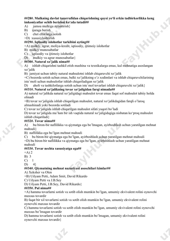 asoslangan iqtisodiyot c) xususiy va jamoa mulkiga asoslangan iqtisodiyot d) shaxsiy va xususiy mulkka asoslangan iqtisodiyot} ##22#. mulkchilik munosabatlari haqida aytib o’tilgan to’g’ri javobni ko’rsating## +a) mulkka egalik qilish, undan foydalanish va tasarruf etish boyicha bo’ladigan iqtisodiy munosabatlar b) mulkdorlar o’rtasida sodir bo’ladigan munosabatlar c) mulkka egalik qilish boyicha kelib chiqadigan munosabatlar d) iqtisodiy faoliyatda mulkdan foydalanish natijasida kelib chiqadigan munosabatlar} ##23#. iqtisodiy munosabatlar tizimida mulkchilikning o’rni nima## a) iste’mol talabini qondirish vazifasini bajaradi} b) boylik manbai c) mulkchilik – mulkka egalik munosabatini ifodalaydi +d) mulkchilik – ishlab chiqarish jarayonida ishlab chiqaruvchilar o‘rtasidagi o‘zaro munosabatlarning fe’lini belgilaydi ##24#. o’zbekiston respublikasining mulkchilik to’g’risidagi qonuniga muvofiq mulk shakllarining nechta turi mavjud## +a) davlat mulki, shaxsiy mulk, xususiy mulk, aralash mulk, jamoa mulki b) davlat mulki, xususiy mulk, aralash mulk, ko’chmas mulk c) davlat mulki, korxona (tashkilot)lar mulki, xususiy mulk d) davlat mulki, shaxsiy mulk, xususiy mulk, jamoa mulki} ##25#. ma’muriy-buyruqbozlik iqtisodiy tizimi …