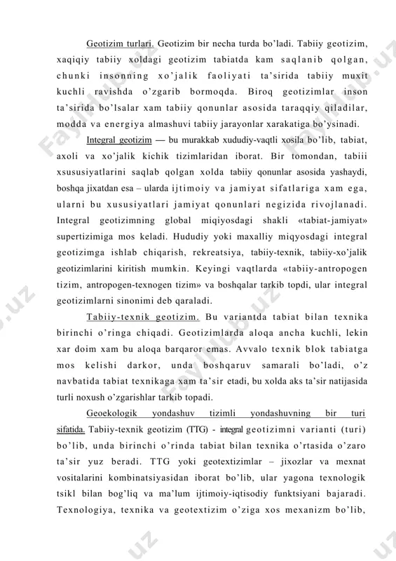 egral geotizimni varianti (turi) bo’lib, unda birinchi o’rinda tabiat bilan texnika o’rtasida o’zaro ta’sir yuz beradi. ttg yoki geotextizimlar – jixozlar va mexnat vositalarini kombinatsiyasidan iborat bo’lib, ular yagona texnologik tsikl bilan bog’liq va ma’lum ijtimoiy-iqtisodiy funktsiyani bajaradi. texnologiya, texnika va geotextizim o’ziga xos mexanizm bo’lib, insonga bir tomondan tabiiy muxitga moslashishga, boshqa tomondan esa tabiatni o’zini talablarini qondirishga xizmat qiladi. geotextizimda texnik tuzilish to’g’ridan-to’g’ri asosiy element bo’lish bilan birga u yoki bu texnik vositalardan foydalanish sharoitlari bilan xam aniqlanadi. geoekologik yondashuv xar bir ob’ektni tabiiy-texnik geotizim sifatida loyixalaydi. shuni tushunish kerakki, biz yangi ob’ektni yaratish bilan tabiatni o’zgartiramiz. loyixachi yangi texnologik jarayonni yaratish bilan muxitni xam o’zgartiradi, yangi muxitni loyixalaydi. muxitni loyixalash, yangi muxit yaratish deganda tizimni loyixalash, konstruktsiya yaratish, texnologiya vujudga keltirish bilan ular tabiatidagi o’zaro aloqalarga tushishi kerak. loyixalashning geoekologik asoslari. loyxalashning geoekologik asosi geoekologik bilim va xududiy loyxalashning xususiyatlarini jamlamasidan iborat bo’lib, uni loyixalashning geoekologik tamoyili …