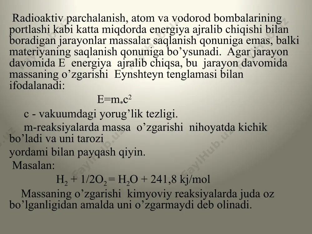 modda bilan to’liq reaksiyaga kirishadigan modda miqdoriga aytiladi. murakkab moddalarning ekvivalent massalari quyidagi formulalar bilan hisoblanadi: e mgo= 40/2= 20. ehcl=36,5/1= 36,5 e(alcl3)= 133,5/3=44,5 agar aniq biror reaksiya berilgan bo’lsa, moddaning ekvivalentini topish uchun uning molyar massasini reaksiyaga kirishgan vodorod va gidroksil ionlari soniga bo’linadi. masalan: h3po4 + naoh = nah2po4 + h 2o e (nah2po4) = 98/1 = 98g h3po4 + 2naoh = na2hpo4 + 2h2o e (na2hpo4) = 98/2 = 49g 5.hajmiy nisbatlar qonuni. fransuz olimi gey-lyussak gaz moddalarning ta’sirlashuvini tekshirib, o’zining hajmiy nisbatlar qonunini kashf etdi. bu qonun quyidagicha ta’riflanadi: " o’zgarmas haroratda va bosimda reaksiyaga kirishgan gazlar hajmlarining o’zaro nisbati hamda reaksiya natijasida hosil bo’lgan gazlar hajmlariga nisbati butun kichik sonlar kabi bo’ladi". masalan: h2o + cl2 = 2hcl 1v 1v 2v 1:1:2 n2 + 3h2 = 2nh3 1v 3v 2v 1:3:2 6. avogadro qonuni. hajmiy nisbatlar qonunini tushuntirish uchun italiya olimi avogadro 1811 yilda quyidagi …