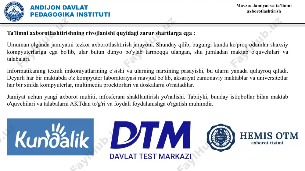 ning to‘plamlari. ommaviy axborot – bunga cheklanmagan doiradagi shaxslar uchun mo‘ljallangan hujjatlashtirilgan axborot, bosma, audio, audiovizual hamda boshqa xabarlar va materiallar kiradi. axborot tizimi - axborotni to‘plash, saqlash, izlash, unga ishlov berish hamda undan foydalanish imkonini beradigan, tashkiliy jihatdan tartibga solingan jami axborot resurslari, axborot texnologiyalari va aloqa vositalari. mavzu: jamiyat va ta’limni axborotlashtirish mavzu: jamiyat va ta’limni axborotlashtirish andijon davlat pedagogika instituti elektron hujjat. elektron hujjat o‘zbekiston respublikasining “elektron hujjat aylanishi to‘g’risida”gi 2004 yil 29 apreldagi 611-ii son qaroriga binoan quyidagicha ta’riflanadi. elektron shaklda qayd etilgan, elektron raqamli imzo bilan tasdiqlangan va elektron hujjatning uni identifikatsiya qilish (tanib olish) imkoniyatini beradigan boshqa rekvizitlariga (ma’lumotlarga) ega bo‘lgan axborot elektron hujjatdir. elektron hujjat texnika vositalaridan va axborot tizimlari xizmatlaridan hamda axborot texnologiyalaridan foydalanilgan holda yaratiladi, ishlov beriladi va saqlanadi. elektron hujjat elektron hujjat aylanishi ishtirokchilarining mazkur hujjatni idrok etish imkoniyatini inobatga olgan holda yaratilishi kerak. an’anaviy va elektron hujjat almashish. odatda …