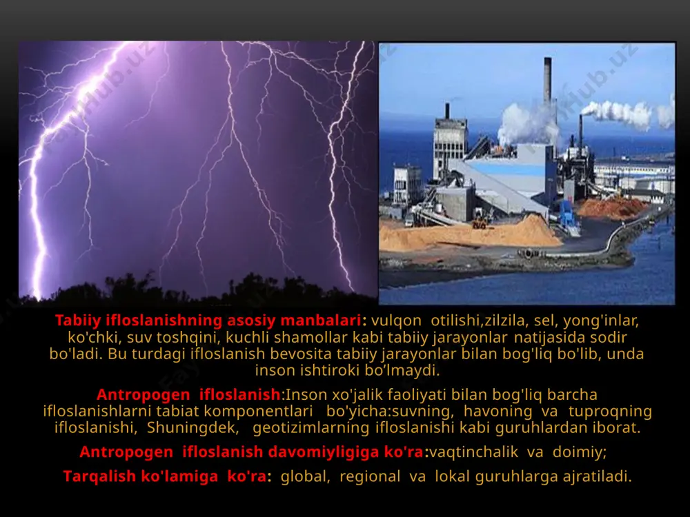hqorining n03 tuzlari), 5. oziq-ovqat va tuproqdagi qo'sh oksidlar, 6. oziq-ovqatlardagi polixlorlashgan difenillar (difenil ssh5 - s6h6 organik eritmada yaxshi eriydi), toshko'mirdan olinuvchi smoladagi antrotsit yog'da mavjud, 7. tuproqdagi ishqor. ichimlik suvida : 4 g/m3 miqdorda kam kislorod bo'lmasligi lozim. xlor ioni 350,sulfat 500, temir-0,3, marganets-0,1, mis-1,0, rux-5,0, allyuminiy -0,5, metafosfat-3,5, fosfat-3,5, quruq qoldiq 1000 mg/1 dan kam bo'lishi kerak. bunday suv ichish uchun yaroqli. suvni minerallashuvi 1000 mg/1 dan ziyod bo'lsa yaroqli emas, 100mg/1 dan kam bo'lsa ham yaroqsiz, tuz kamlik qiladi, distillangan suv. suvni qattiqligi ph 6,5-8,5 atrofida bo'lish lozim. 5 geoekologik muammolar — insonlarning sog’ligi va xo'jalik faoliyatiga salbiy ta'sir etadigan, ularning tabiiy muhit bilan munosabatlarida va geotizimlarning birbutunligida nomutanosiblikni keltirib chiqaruvchi, tabiiy va antropogen omillarnatijasida yuzaga kelgan jarayon va hodisalar.geoekologikmuammolar tabiiy geografik qonuniyatlarga bo'ysinadi. geoekologik muammoni ekotizim, biogeotsenoz yoki ma'muriy-hududiy birlik doirasida o'rganish ham mumkin shu sababli bunday muammolarni tarqalgan maydoni bo'yicha - global, regional va …