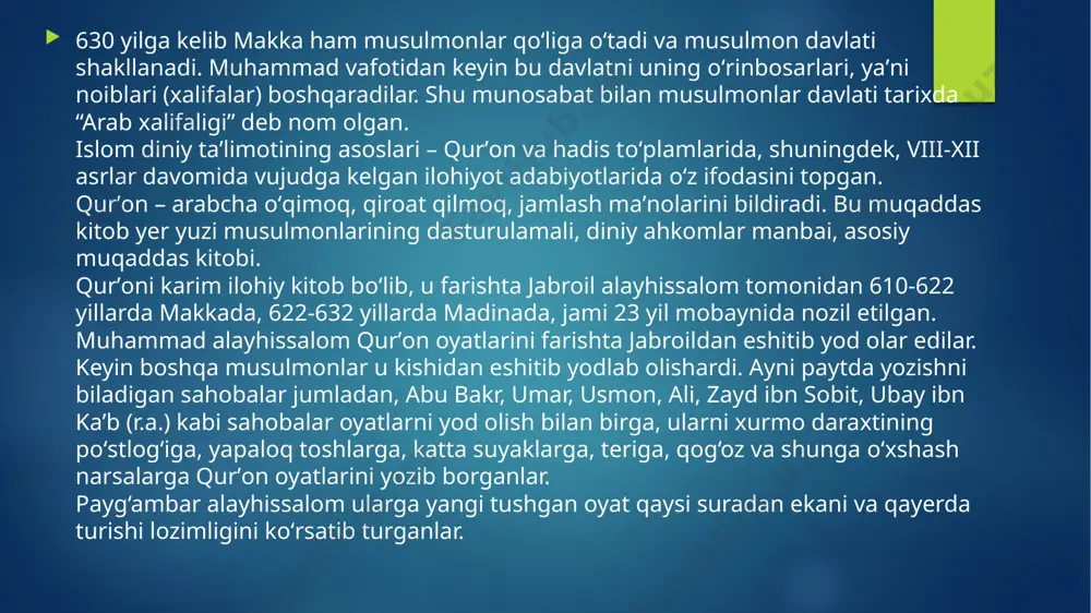 an yо‘q bо‘lsalar ham ular ma’nan tirikdirlarqur’oni karimda “ilm” sо‘zi asosida “alima” bilmoq fe’l negiziga tayangan kalimalar 750 marotaba uchrashi ilmiy tadqiqotlarda qayd etilgan. payg‘ambarimiz muhammad alayhissalomga ilk nozil bо‘lgan oyat ham “о‘qi...” “о‘qi...” sо‘zidan boshlanadi. ushbu oyat shunday: “о‘qi! sening о‘ta karamli parvardigoring qalam vositasi bilan ta’lim berdi. qur’oni karim ham ilm, ham hayot kitobidir. ilm yо‘lini tutgan inson eng sharafli yо‘lni tanlagan bо‘ladi. payg‘ambarimizning “ilm olish har bir muslim va muslima uchun farzdir” degan hadislari negizida islomning ilmga bо‘lgan yuksak e’tiboridan dalolat beradi. yana bir hadisda: “insonlar yo о‘rgatuvchi yoki о‘rganuvchilarga bо‘linadi. bundan boshqalari esa arzimasdir, deb ta’kidlansa, boshqa bir hadisda: “insonlar о‘likdir, faqat ilm ahligina tirikdir”, deb bu dunyoda faqat ilm sohiblarigina haqiqatga intilganliklari tufayli tirik ekanliklari aytiladi. haqiqatan, hoh dunyoviy, hoh diniy ilm yо‘lida zahmat chekkanlar jisman yо‘q bо‘lsalar ham ular ma’nan tirikdirlar. bunga imom buxoriy va muso xorazmiy, imom moturidiy va abu nasr forobiy, imom …