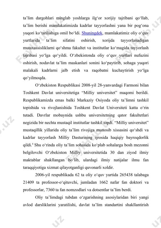 taqillik yillarida oliy ta’lim rivojiga munosib xissasini qo‘shdi va kadrlar tayyorlash milliy dasturining ijrosida haqiqiy bayroqdorlik qildi.4 shu o‘rinda oliy ta’lim sohasida ko‘plab sohalarga bosh mezonni belgilovchi o‘zbekiston milliy universitetida 30 dan ziyod ilmiy maktablar shakllangan bo‘lib, ulardagi ilmiy natijalar ilmu fan taraqqiyotiga xizmat qilayotganligi quvonarli xoldir. 2006-yil respublikada 62 ta oliy o‘quv yurtida 265438 talabaga 21409 ta professor-o‘qituvchi, jumladan 1662 nafar fan doktori va professorlar, 7360 ta fan nomzodlari va dotsentlar ta’lim berdi. oliy ta’limdagi tubdan o‘zgarishning asosiylaridan biri yangi avlod darsliklarini yaratilishi, davlat ta’lim standartini shakllantirish bo‘ldi. bu oliy ta’lim, shuningdek, akademik tizimdagi olimlarning ulkan hajmdagi mashaqqatli, mas’uliyatli vazifalaridan biri bo‘lib, zamonaviy ilmiy qarashlarni o‘zida jamlagan bilimlar to‘plami vujudga keldi. oliy ta’limning maqsadi mamlakatning ijtimoiy-iqtisodiy va madaniy rivojini ta’minlashga, o‘zi tanlagan mutaxassislik bo‘yicha bozor iqtisodiyoti sharoitida mustaqil ishlashga layoqatli, yuqori malakali, raqobatdardosh kadrlarni tayyorlashdan iborat. respublika oliy o‘quv yurtlarida talabalar bilim olish bilan birgalikda ilmiy tadqiqot ishlarini ham …