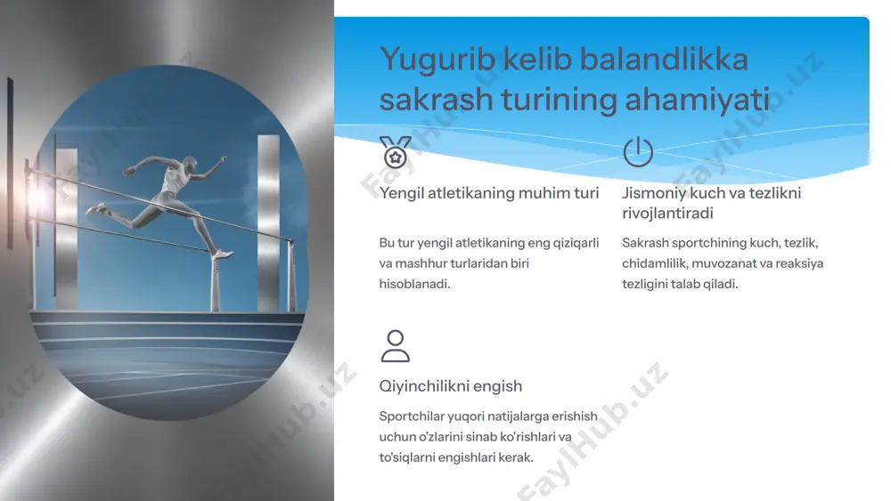 ak. yugurish tezligi va uzunligi muhim rol o'ynaydi. 2 o'tish bosqichi sakrovchi yugurish yo'lidan sakrashga tayyorgarlik bosqichiga o'tishi kerak. bu bosqichda tezlikni to'g'ri yo'naltirish va balandlikni oshirishga tayyorgarlik ko'rish muhim. 3 sakrash sakrovchi o'tish bosqichiga kirib, platformadan sakrab chiqadi. bu bosqichda to'g'ri texnika, balandlikni tanlash va kuch ishlatish muhim. 16 sakrash jarayonining asosiy bosqichlari yugurish sakrashga tayyorgarlik ko'rish uchun tezlik bilan yugurish kerak. yugurish tezligi va uzunligi muhim rol o'ynaydi. o'tish sakrovchi yugurish yo'lidan sakrashga tayyorgarlik bosqichiga o'tishi kerak. bu bosqichda tezlikni to'g'ri yo'naltirish va balandlikni oshirishga tayyorgarlik ko'rish muhim. sakrash sakrovchi o'tish bosqichiga kirib, platformadan sakrab chiqadi. bu bosqichda to'g'ri texnika, balandlikni tanlash va kuch ishlatish muhim. tushish sakrovchi balandlikka sakrab chiqqandan so'ng, to'g'ri tushish texnikasini qo'llashlari kerak. tushish paytida muvozanatni saqlash va shikastlanishlardan saqlanish muhim. 17 sakrovchining jismoniy va texnik tayyorgarligi 1 kuch sakrovchining oyoq mushaklari, orqa mushaklari va qorin mushaklari kuchli bo'lishi kerak. 2 tezlik sakrashga tezlik …