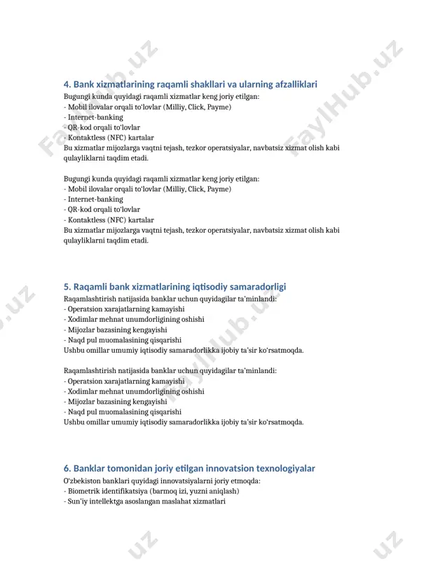 uchun xodimlar va aholining raqamli ko‘nikmalarini oshirish, xavfsizlik choralarini kuchaytirish zarur. asosiy muammolar quyidagilar: - raqamli savodxonlikning pastligi - texnik infratuzilmaning yetishmovchiligi - kiberhujum xavfi ularni bartaraf etish uchun xodimlar va aholining raqamli ko‘nikmalarini oshirish, xavfsizlik choralarini kuchaytirish zarur. 9. kelajakda raqamli bank tizimining rivojlanish istiqbollari kelajakda quyidagi yo‘nalishlar bo‘yicha rivojlanish kutilmoqda: - raqamli valyuta (raqamli so‘m) joriy etilishi - fintech kompaniyalari bilan hamkorlik - virtual banklar (neobanklar) - sun’iy intellekt asosidagi kredit risklarini baholash tizimlari kelajakda quyidagi yo‘nalishlar bo‘yicha rivojlanish kutilmoqda: - raqamli valyuta (raqamli so‘m) joriy etilishi - fintech kompaniyalari bilan hamkorlik - virtual banklar (neobanklar) - sun’iy intellekt asosidagi kredit risklarini baholash tizimlari 10. xulosa bank tizimining raqamlashtirilishi zamonaviy iqtisodiyotning ajralmas qismiga aylanmoqda. o‘zbekistonda bu borada sezilarli yutuqlarga erishildi. kelgusida bu jarayon chuqurlashib, xizmat sifati oshadi va iqtisodiy samaradorlik ortadi. raqamlashtirish – bu nafaqat zamon talabi, balki rivojlanishning asosiy omilidir. bank tizimining raqamlashtirilishi zamonaviy iqtisodiyotning ajralmas qismiga …