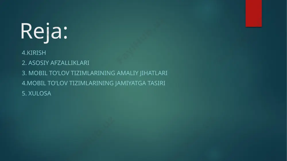 u naqd pulni boshqarish xarajatlariga nisbatan ancha arzon. bu kichik biznes uchun katta imkoniyatlar yaratadi ekologik samara mobil to'lovlar qog'oz va boshqa materiallardan foydalanishni kamaytiradi, bu esa atrof-muhitni asrashga o'z hissasini qo'shadi. elektron kvitansiyalar va hisobotlar qog'oz isrofini yo'q qiladi ko'p funksionallik mobil to'lov tizimlari nafaqat to'lovlarni amalga oshirish, balki balansni tekshirish, tranzaktsiyalar tarixini ko'rish, va hatto onlayn xaridlar uchun to'lovlarni amalga oshirish imkonini beradi. ular ko'pincha elektron hamyon sifatida ishlaydi, bu esa foydalanishni yanada osonlashtiradi mobil to'lov tizimlari jamiyatga bir qator ijobiy va salbiy ta'sirlar ko‘rsatadi:ijobiy ta'sirlar: 1. quvonchli va qulay hayot: mobil to'lovlar odamlar uchun xaridlarni amalga oshirishni, xizmatlar uchun to‘lovlarni amalga oshirishni, pul o‘tkazmalarini bajarishni ancha osonlashtiradi. bu esa vaqtni tejashga va tezkor muomala qilish imkoniyatini yaratadi. 2. inkluzivlikni oshiradi: mobil to'lov tizimlari banklarga kirish imkoniyati bo‘lmagan odamlar uchun qulay yechim bo‘lib, ularga moliyaviy xizmatlardan foydalanish imkonini beradi. 3. raqamli iqtisodiyotning rivojlanishi: mobil to'lov tizimlarining rivojlanishi raqamli …