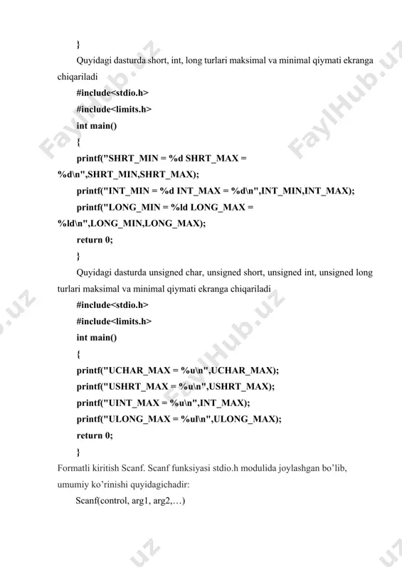 ar minus – va unar plyus + amallari kiradi. bundan tashqari inkrement ++ va dekrement -- amallari ham unar amallarga kiradi. inkrement ++ unar amali qiymatni 1 ga oshirishni ko’rsatadi. amalni prefiks, ya’ni ++i ko’rinishda ishlatish oldin o’zgaruvchi qiymatini oshirib, so’ngra foydalanish lozimligini, postfiks esa i++ ko’rinishda ishlatish oldin o’zgaruvchi qiymatidan foydalanib, so’ngra oshirish kerakligini ko’rsatadi. misol uchun, i ning qiymati 2 ga teng bo’lsin, u holda 3+(++i) ifoda qiymati 6 ga, 3+i++ ifoda qiymati 5 ga teng bo’ladi. ikkala holda ham i ning qiymati 3 ga teng bo’ladi. dekrement -- unar amali qiymatni 1 ga kamaytirishni ko’rsatadi. bu amal ham prefiks va postfiks ko’rinishda ishlatilishi mumkin. bu ikki amalni faqat o’zgaruvchilarga qo’llash mumkin. amallar ustivorligi. murakkab ifodalarda qaysi amal birinchi navbatda bajarilishi operator prioritetiga bog’liq. masalan: x = 5+3*8. ko’paytirish qo’shishga nisbatan yuqoriroq prioritetga ega. shuning uchun bu ifoda qiymati 29 ga teng bo’ladi. agarda ikkita matematik ifodaning prioriteti …