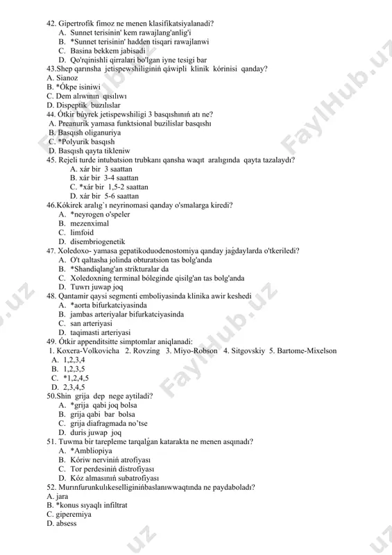 lisken b. joqarı orta c. ótkir o’tkir asti hám sozılmalı d. kompensatsiyalangan dekompensatsiyalangan 40. varokoselle qaysi jasta ko’prek ushraydi? a. *9-10 b. 12-15 c. 2-3 d. 1 41.trendelenburg pozitsiyasida rentgen kontrastlı izertlew ótkeriwden maqset. a. *gastroezofagial reflyuks b. payr keselligin anıqlaw ushın c. kron keselligin anıqlaw ushın d.pilorik stenozdı anıqlaw ushın 42. gipertrofik fimoz ne menen klasifikatsiyalanadi? a. sunnet terisinin' kem rawajlang'anlig'i b. *sunnet terisinin' hadden tisqari rawajlanwi c. basina bekkem jabisadi d. qo'rqinishli qirralari bo'lgan iyne tesigi bar 43.shep qarınsha jetispewshiliginiń qáwipli klinik kórinisi qanday? a. sianoz b. *ókpe isiniwi c. dem alıwının qısılıwı d. dispeptik buzılıslar 44. ótkir búyrek jetispewshiligi 3 basqıshınıń atı ne? a. preanurik yamasa funktsional buzilislar basqıshı b. basqısh oliganuriya c. *polyurik basqısh d. basqısh qayta tikleniw 45. rejeli turde intubatsion trubkanı qansha waqıt aralıgında qayta tazalaydı? a. xár bir 3 saattan b. xár bir 3-4 saattan c. *xár bir 1,5-2 saattan d. xár bir …