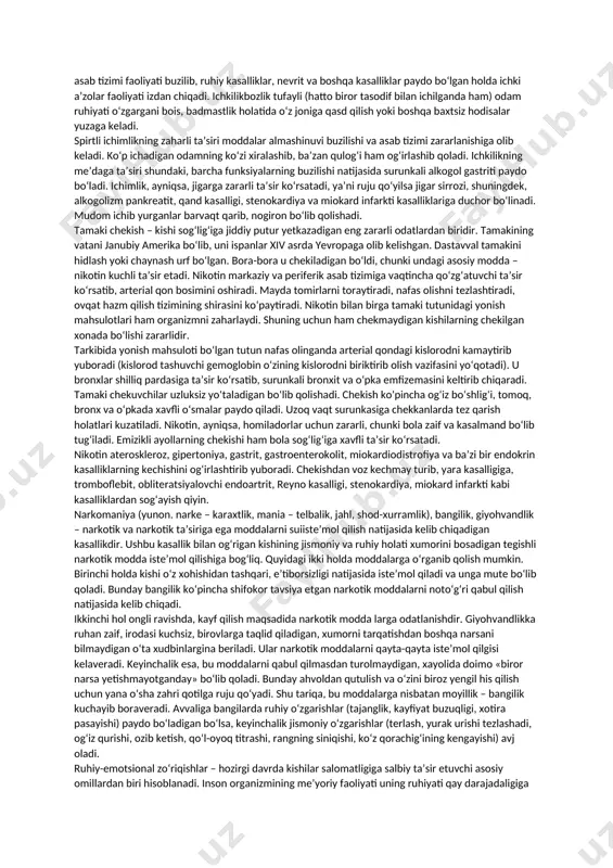 bbiy sanitariya yordami, aholi salomatligini himoya qilish, ularning to‘g‘ri ovqatlanishi, toza ichimlik suvi bilan ta’minlanishi, endemik kasalliklarning oldini olish, yuqumli kasalliklarga qarshi emlashlar o‘tkazish dasturi ishlab chiqilgan. sanalogiya – salomatlik haqidagi ta’limot bo‘lib, jamiyat salomatligini, sog‘liqni saqlash vazifalarini va ularni amalga oshirish yo‘llarini o‘rgatadi. jahon sog‘liqni saqlash tashkiloti nizomiga ko‘ra, salomatlik bu jismoniy, ruhiy va ijtimoiy jihatdan osoyishtalik holatidir. sog‘lom kishigina mehnat qilish faoliyati bilan shug‘ullanib, jamiyat va davlatga foyda keltiradi. binobarin, salomatlik har bir kishi uchun bebaho ne’mat, baxt-saodat, mamlakat iqtisodiy qudrati va xalq farovonligini oshirishining zaruriy shartidir. ijtimoiy salomatlik – jamiyatni ijtimoiy, iqtisodiy va siyosiy jihat dan harakatlantiruvchi omil hisoblanadi. shuning uchun, jamiyat salomatligining asosiy ko‘rsatkichlarini bilish har bir tibbiyot hamshirasi uchun zarurdir. kasallanish – aholi salomatligining izdan chiqish hollari bo‘lib, inson salomatligiga baho berishda katta ahamiyatga ega. aholining kasallanishi haqidagi ma’lumotlar quyidagi manbalardan olinadi: davolash-profilaktika muassasalariga murojaat etilishiga qarab; tibbiy ko‘rik natijalariga qarab; o‘lim sabablari. ushbu manbalardan …