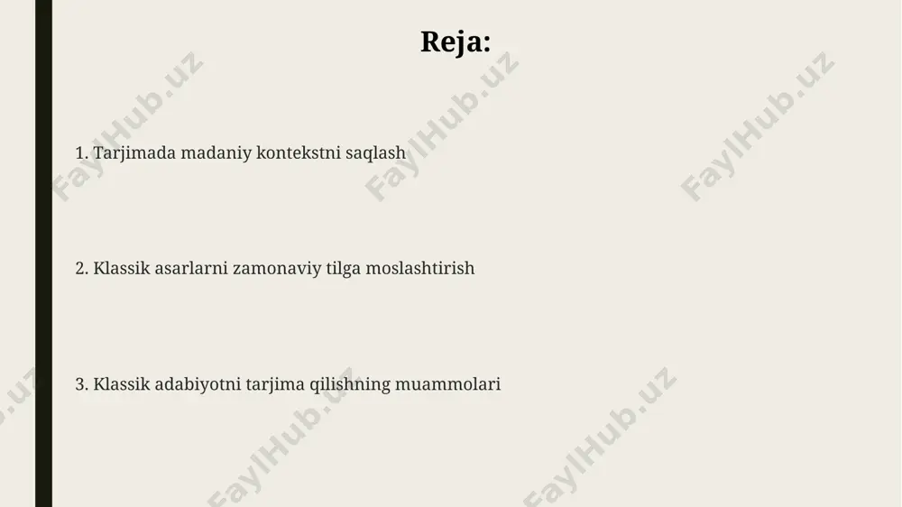 mmatik tuzilishi va stilistik xususiyatlari mavjud. til va madaniy farqlar tufayli, 50% ga yaqin ma'no yo'qotishlari mumkin, shuning uchun tarjimonlar kontekstni chuqur tushunishi va ekvivalentlarni topishda ehtiyotkor bo'lishlari kerak. klassik asarlarning tarjimasida, so'zlarning 20% dan ortig'i bir xil ma'noga ega bo'lmagan holda metaforalar va allegoriyalarni aniqlashda muhim rol o'ynaydi. klassik asarlarni tarjima qilishdagi qiyinchiliklar klassik asarlarni tarjima qilishda, asarning yozilgan davriga xos bo'lgan 50 dan ortiq arxaik so'zlar va iboralarni zamonaviy tilga moslashtirish muammosi yuzaga keladi. matnning madaniy konteksti, 10 ga yaqin turli xil allegoriya va ramziy ma'nolarni aniq va to'liq tarjima qilishda qiyinchiliklar tug'diradi. badiiy uslubni saqlagan holda, she'riy asarlarning o'ziga xos ritm va qofiyalar tizimini (masalan, 12 bo'g'inli she'rlarni) tarjima qilish juda murakkab jarayon hisoblanadi. klassik adabiyot tarjimasining ahamiyati klassik asarlarning tarjimalari, turli tillarda so'z boyligini boyitishga, lug'atlarga 500 dan ortiq yangi so'z va terminlar qo'shilishini ta'minlab, til rivojiga sezilarli hissa qo'shadi. klassik adabiyot tarjimalari, o'quvchilarga 1000 yildan …