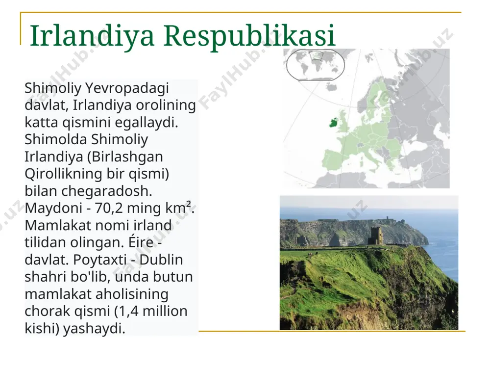 . ekologik vaziyati tarixan, irlandiyada hech qachon og'ir, ekologik xavfli sanoat bo'lmagan. mamlakatda mavjud bo'lgan ifloslanishning yagona manbai qishloq xo'jaligi chiqindilari bo'lib, bu mamlakatning bir qancha hududlarida kanalizatsiya va daryo suvlarining ifloslanishiga olib keladi. irlandiya fuqarolari o'zlarining tabiatini (va uning ekologik holatini) o'zlarining mulki deb bilishadi va insonning atrof-muhitning ekologik holatiga ta'sirini kamaytirish choralarini ko'radilar: chiqindilarni saralash va qayta ishlash, supermarketlarda bir marta ishlatiladigan qoplardan foydalanmaslik, ekologik toza bo'lmaganlarga yuqori soliqlar. avtomobillar va boshqalar. masalan, ko‘chaga chiqindi tashlaganlik uchun 5000 yevro jarima undiriladi. aholisi va etikasi irlandiya aholisi asosan keltlardan iborat. 2006 yilgi umumiy aholini ro'yxatga olish ma'lumotlariga ko'ra, u 4,24 mln. milliy ozchiliklar 420 ming, ya'ni 10 foizni tashkil qiladi. 275,8 ming nafari yevropa ittifoqi davlatlaridan kelgan muhojirlardir. aholining 58% ga yaqini shaharlarda istiqomat qiladi. irlandlar musiqa va raqsga bo'lgan muhabbatlari bilan butun dunyoga mashhur. chet eldan pop madaniyat ta'siriga qaramay, bu erda xalq musiqasi hali ham juda mashhur. …
