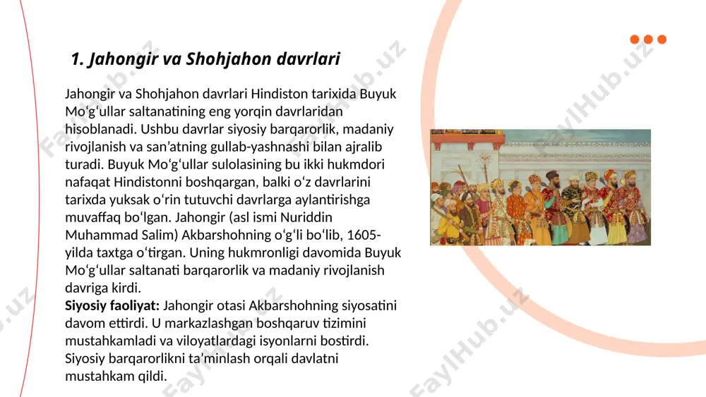 davrida o‘zining eng gullagan davrlarini boshdan kechirdi. ushbu davr imperiyaning siyosiy barqarorlikka erishishi, hududiy kengayish va iqtisodiy yuksalishi bilan ajralib turadi. siyosiy rivojlanishda buyuk mo‘g‘ullar imperiyasining boshqaruv tizimi muhim rol o‘ynadi. akbarshoh davrida markazlashgan boshqaruv tizimi shakllantirilib, viloyatlarni boshqarish uchun mahalliy hokimlar tayinlangan. ushbu tizim davlat ichidagi barqarorlikni ta’minlashga xizmat qildi. akbarshohning diniy bag‘rikenglik siyosati ham siyosiy barqarorlikka katta hissa qo‘shgan. u barcha din vakillarining teng huquqlarini tan olib, musulmon va hind aholisi o‘rtasidagi ziddiyatlarni yumshatgan. jahongir va shohjahon davrida esa otasining siyosatini davom ettirgan holda dinlararo tinchlikni saqlash, ichki nizolarni bartaraf etish va markazlashgan davlat boshqaruvini mustahkamlashga alohida e’tibor qaratilgan. ... t.me/slaydai_bot imperiyaning tashqi siyosati ham juda muvaffaqiyatli edi. akbarshohning harbiy yurishlari orqali imperiyaning hududi sezilarli darajada kengaygan. shohjahon va avrangzeb davrida bu hududlar yanada kengaytirilib, butun hindiston yarimoroli deyarli imperiyaning nazorati ostida bo‘lgan. tashqi siyosatda qo‘shni davlatlar bilan diplomatik aloqalar o‘rnatilib, savdo yo‘llari nazorat qilingan. bu esa imperiyaning …