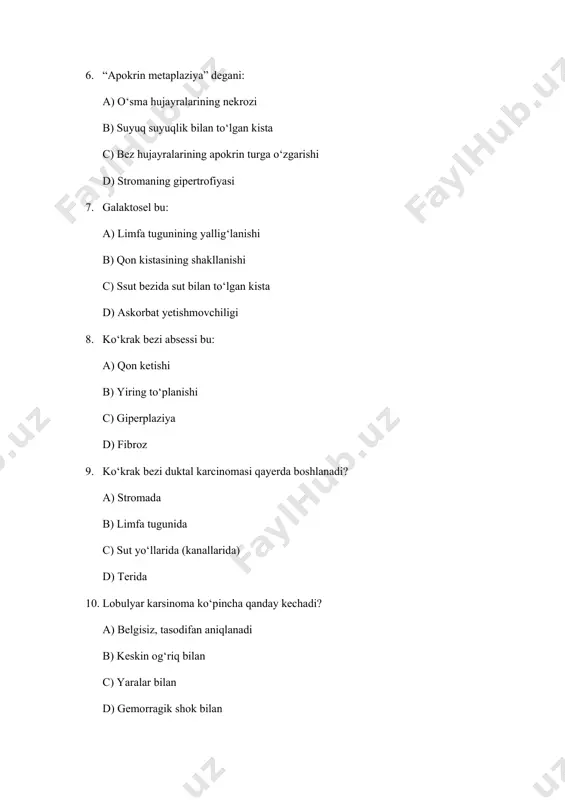 ugunli c) suyuq to‘plangan d) teri ustida yara bor 16. ko‘krak bezi kistasi bu: a) neyron hujayralar yig‘indisi b) suyuqlik bilan to‘lgan bo‘shliq c) yiringli to‘qima d) epiteliy proliferatsiyasi 17. ko‘krak bezi sarkomasi qayerdan rivojlanadi? a) bez epiteliyidan b) stromal biriktiruvchi to‘qimadan c) yog‘ qatlamidan d) laktifer yo‘llardan 18. qanday mikroskopik belgilar fibroadenomada kuzatiladi? a) ko‘p mitozlar b) stromaning fibroz o‘sishi va epitelial ko‘payish c) nekroz d) gemorragik infiltrat 19. paget kasalligida qanday hujayralar aniqlanadi? a) anitsko hujayralari b) yassi hujayralar c) yirik yadroli, yadro atrofida och joyli hujayralar d) plazmatik hujayralar 20. ko‘krak bezining malign o‘smasida metastazlar qayerga ko‘proq tarqaladi? a) yurak b) jigarga c) limfa tugunlari va suyakka d) ichakka to‘g‘ri javoblar: 1. b 2. c 3. c 4. c 5. b 6. c 7. c 8. b 9. c 10. a 11. b 12. b 13. b 14. b 15. b 16. b 17. b 18. b …