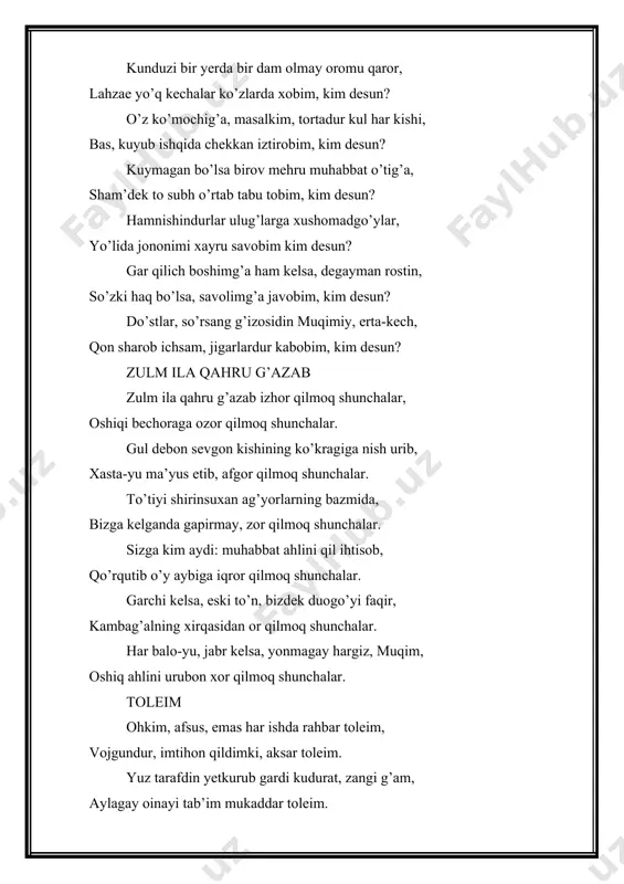 og’iz-burun. sallalari boshlarida oq savat, ko’rpacha tagda hama vaqt uch qavat. birlari mo’ltoninamo, hiylagar, birlaridur kunda pixu gavda xar. og’izlar maqtanib, o’n besh qarish, maydasuxan, ezma (churuk), zanchalish. qaysiki qishloqqa tushar otidin, elni yig’ib, voqif etar zotidin. derki: “ko’zungga xali kal jo’jaman, maxdumi a’zamlik o’zim xo’jaman. bizga bobo hazrati shoxlig’ mazor, muxlisimiz mardumi ahli diyor. ham yana erhubbi bo’lodur tag’o, ammamizning erlaridur nurato. bibi ubayda bo’ladur holamiz, goh kelur erdi kichik bolamiz. xizr otamlarga birodar erur, chimlig’ azizlar menga dodar erur. garchiki men olimu shayxi zamon, qirqingizga emdi beray bir qozon. manki, tanobingg’a chiqibman kelib, xizmatimi yaxshi qilinglar bilib. o’t qo’yubon kuyduradurg’on o’zim, hokimingu o’lduradurg’on o’zim. xoh tanobingni duchandon qilay, xoq karam birla boshingni silay”. xo’ja so’zini munga bermay qaror, mardumi sahroyi bo’lur beqaror. derki hakimjoni: “ayo, oqsoqol, bizni topibsan magaramkim o’sol? hozir eting to’rt nafar mardikor, to’g’ri qil, oldimga qilibon qator. arqonimi yeringa sudrab chiqay, bachchataloq qishloqilarni (uray). bir …