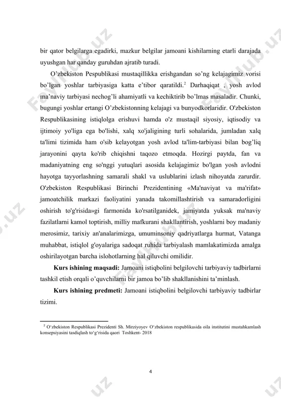 rish, yoshlarni boy madaniy merosimiz, tarixiy an'analarimizga, umuminsoniy qadriyatlarga hurmat, vatanga muhabbat, istiqlol g'oyalariga sadoqat ruhida tarbiyalash mamlakatimizda amalga oshirilayotgan barcha islohotlarning hal qiluvchi omilidir. kurs ishining maqsadi: jamoani istiqbolini belgilovchi tarbiyaviy tadbirlarni tashkil etish orqali o’quvchilarni bir jamoa bo’lib shakllanishini ta’minlash. kurs ishining predmeti: jamoani istiqbolini belgilovchi tarbiyaviy tadbirlar tizimi. kurs ishining ob’ekti: jamoani istiqbolini belgilovchi tarbiyaviy tadbirlarni tashkil etish jarayoni. kurs ishining vazifalari: jamoani istiqbolini belgilovchi tarbiyaviy tadbirlarni tashkil etish orqali o’quvchilarning tizimli jamoasini tuzish. i.bob. boshlang’ich sinflarda jamoaviy tashkil etiladigan tarbiyaviy ishlarning nazariy asoslari 1.1. boshlang’ich sinf o’quvchilari bilan o’tkaziladigan tarbiyaviy tadbirlarini takomillashtirish pedagogik muammo sifatida o’zbekiston mustaqillikka erishgach, ijtimoiy hayotimizning barcha sohalarida tub islohotlar amalga oshirila boshlandi. zero, jamiyatda kechayotgan islohotlarning samaradorligi uning fuqoralari ega bo’lgan ma’naviyatiga bog’liq. shu sababli ham mamlakatimiz birinchi prezidenti islom karimov yosh avlod tarbiyasi va uning ma’naviyatini shakllantirishga asosiy e’tiborni qaratib: ”biz xalqimizning dunyoda hech kimdan kam bo’lmasligi, farzandlarimizning bizdan ko’ra …