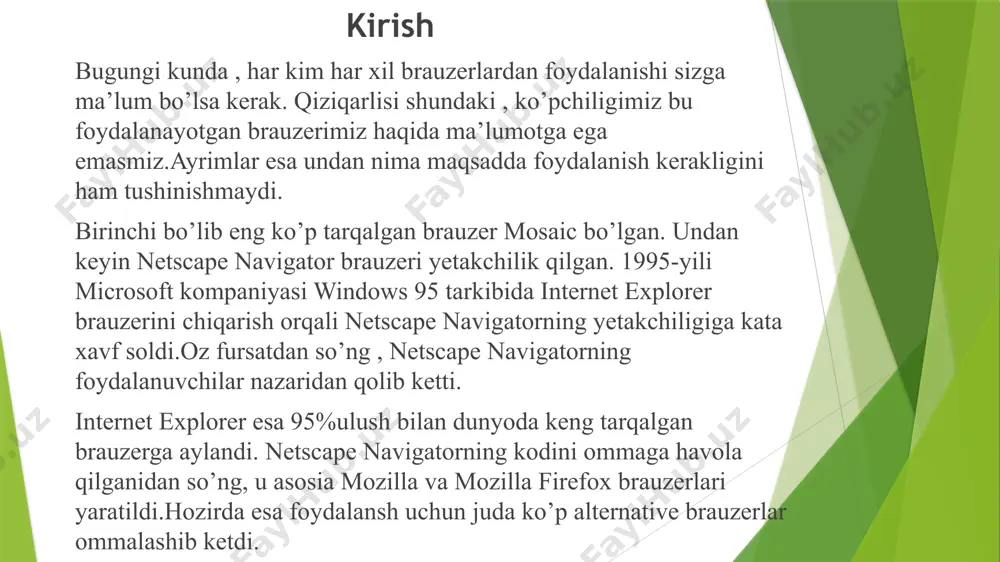 ilish, kontaktlar bilan ishlash, irc onlayn chat, fayllarni yuklab olish va shu kabi internet bilan bogʻliq barcha vazifalarni bajaradi. shaxsiy komputerlarda va mobil telefonlarida oʻrnatish uchun ushbu dastur tekin taklif etiladi, lekin boshqa vositalarga oʻrnatish uchun maʼlum bir qiymatda pul toʻlanishi kerak. opera microsoft windows, mac os x, linux, freebsd va solaris kabi turli shaxsiy komputer operatsion sistemalarida ishlaydi. ishlatilishining kengligi jihatida bugungi kunda opera internet explorer, firefox va safaridan keyingi 4-oʻrinda turadi.(2) flock (toʻda) — mozilla firefox va boshqa mozilla texnologiyalari asosida yaratilgan veb-brauzer (geckoni ishlatadi), birinchi ijtimoiy brauzer hisoblanadi. brauzer ijtimoiy web va web 2.0 deb nomlanuvchi xizmat uchun ishlab chiqilgan. windows internet explorer (sobiq microsoft internet explorer, qisqartmasi ie yoki msie) microsoft tomonidan yaratilgan grafik veb brauzeri boʻlib, 1995-yildan boshlab microsoft windows operatsion sistemasi tarkibiga kiritilgandir. internet explorer 1999-yildan boshlab eng keng tarqalgan veb-brauzeridir; 2002 va 2003-yillarda 95% ishlatilish choʻqqisiga yetdi. internet explorer 7.0 brauzerning joriy versiyasi …