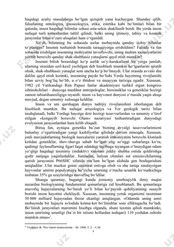 ka. -m.: 1987.-s.40] unga zid o‘laroq, a.shopengauer (1788-1860) inson nuqsonli mavjudot ekanligini ta’kidlaydi, uni «tabiat xalturasi» deb ataydi. fransuz yozuvchisi va faylasufi j.p.sartr (1905-1980) bu fikrni butunlay rad etadi. uning fikricha, inson kelajakka qarab intiladi va shu tariqa o‘zini o‘zi yaratadi. u «inson – odamzot kelajagidir», deb ta’kidlaydi. shunday qilib, falsafaning ikki yarim ming yillik tarixi mobaynida insonga juda ko‘p ta’riflar va tavsiflar berildi, u ko‘p sonli sinonimlar orttirdiki, falsafiy tahlilning boshqa biron-bir ob’ektida bunday holga duch kelish mushkul. zero, falsafa tarixida inson: · «aqlli mavjudot»; · «siyosiy hayvon»; · «tabiat gultoji»; · «hayotning boshi berk ko‘chasi»; · «hayotning soxta qadami»; · «mehnat qurollari yasovchi hayvon»; · «o‘zlikni anglash qobiliyatiga ega mavjudot»; · «ma’naviy va erkin mavjudot» va hokazolar sifatida talqin qilingan. fikrlarning bunday rang-barangligi sababini, avvalo, insonning o‘z tabiatidan izlash lozim. inson tabiatining siri, hech shubhasiz, «boqiy muammolar»dan biri bo‘lib, falsafa o‘z predmetining mohiyati va xususiyatiga ko‘ra unga qayta-qayta …