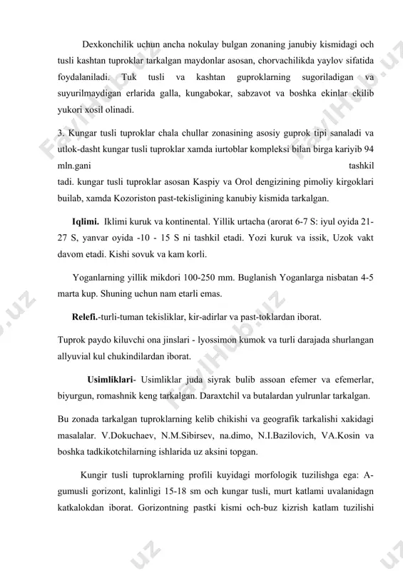 mali bulib, yorikchalar kurinib turadi. v1 - kalinligi 15-20 sm och buzgish, okish tovlanurchan, zich, uvalanuvchi, karbonatlar bilan sementlangan. vk2 - karbonatli gorziont kalinligi 25-30 sm tus kungir, juda zich, xar xil dorlar va konsrensiyalar uchraydi. с-ona jins. 70-120 sm chukurlikdan zichligi yukoladi: tomirchalar va sarik tusli konkrensiyalar shaklidagi gips ajralib turadi. 4. bu tuproklar gumus mikdori va tuprok profilida suvda oson eriydigan tuzlarning yuvilganlik darajasiga karab kuyidagi tipchalarga: tipning kungir tusli, och tusli kunrir tusli va gipsi bulmagan kungar tusli tuproklarga bulinadi. shuningdek, oddiy, karbonatli, shurtobsimon, solodlashgan, shurxoksimon, katlamlary yaxshi ajralib turmaydigan va gipsli kabi avlodlarga bulinadi. mexanik tarkibi. kumok tarkibli tuproklar bilan bir katorda, bu zonada kumlok va kumli kunrir tusli tuproklar xam keng tarkalgan. gumus mikdori mexanik tarkibiga kura tuprokning yukori katlamlarida 1-2,5 % gacha, kumlok va kumli tuproklarda 0,4-1 % atrofida. gumusning umumiy zaxsimon 0.5 m katlamda 30-100 t\ga. gumin kislotasi bilan fulvokislotadagi uglerod nisbati 1 …