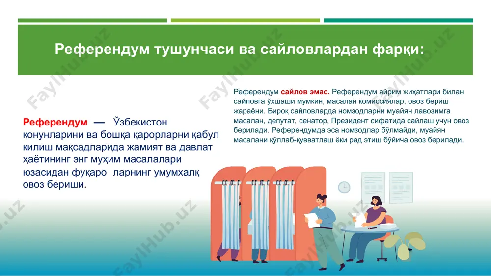 сида” қонун, 19-модда” референдумда овоз берувчи фуқароларнинг рўйхатини шакллантириш тартиби овоз берувчи фуқаролар рўйхати участка комиссияси томонидан сайлов жараёнини бошқариш бўйича ахборот тизими (сжбат)даги сайловчиларининг ягона электрон рўйхати (сяэр) асосида тузилади. овоз берувчи фуқаролар рўйхати референдум кунига қадар ёки референдум куни 18 ёшга тўлган рўйхат тузилаётган пайтда мазкур референдум участкаси ҳудудида доимий ёки вақтинча истиқомат қилаётган ўзбекистон республикасининг барча фуқаролари овоз берувчи фуқаролар рўйхатига киритилади ҳар бир фуқаро овоз берувчи фуқароларнинг фақат битта рўйхатига киритилиши мумкин овоз берувчи фуқароларнинг рўйхатлари овоз бериш кунига 10 кун қолганда ҳамма танишиши учун тақдим қилинади референдум ўтказувчи участка комиссияси рўйхат билан танишиш жойи ва вақти тўғрисида фуқароларни хабардор этади овоз берувчи фуқароларнинг рўйхатларига ўзгартишлар киритиш референдумга 5 кун қолганида тўхтатилади овоз берувчи фуқароларнинг рўйхати билан фуқароларни таништириш * ҳар бир фуқаро овоз берувчи фуқаролар рўйхатидаги хато ёки ноаниқлик тўғрисида референдум ўтказувчи участка комиссиясига арз қилиши мумкин. референдум ўтказувчи участка комиссияси 24 соатда бундай аризани …