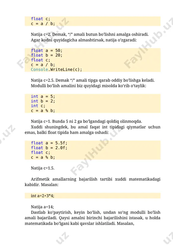 ni bir vaqtning o’zida bir qancha o’zgaruvchiga ta’minlash ham mumkin. masalan: int a; int b; int c; a = b = c = 2; umuman olganda, ta’minlash operatorining umumiy ko’rinishi quyidagi bo’ladi. quyidagi jadvalda ta’minlash operatorlardan foydalanib turli xil amallar bajarilgan: 2.5-jadval. ta’minlash operatorining ishlatilishi operator ko’rinishi ekvivalent amal izoh a += b a = a + b a ni b ga qo’shish, natija a ga yoziladi a -= b a = a - b a dan b ni ayirish, natija a ga yoziladi a *= b a = a * b a ni b ga ko’paytirish, natija a ga yoziladi a /= b a = a / b b ni a ga bo’lish, natija a ga yoziladi a %=b a = a % b b ni a ga bo’lgandagi qoldiq, natija a ga yoziladi inkrement va dekrement operatorlari c# tilida bir argument oluvchi inkrement (++) va dekrement (--) operatorlari …