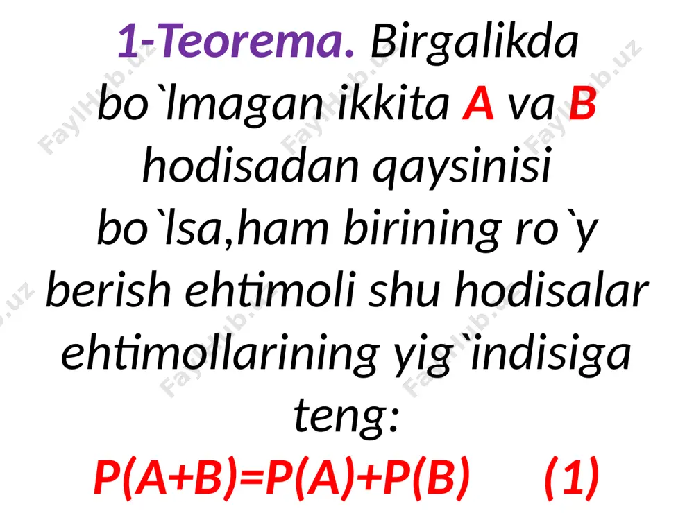 i, , , -birinchi qutidan ikkinchi qutiga solingan sharlar mos ravishda 2ta oq,2ta turli rangda, 2ta qora bo`lishi hodisalari bo`lsin. u holda p()==, p()==, p()==; (a)=, (a)=, (a)= , , -to`la guruh tashkil etadi. demak,to`la ehtimol formulasiga ko`ra p(a)=* + * + *=. bayes formulasi. ko`pincha amaliyotda a hodisa ro`y berganligi shartida ….. hodisalardan birining ro`y berish ehtimolini topish,ya`ni p(/a) shartli ehtimollarni topish zarur. bu ehtimolliklar uchun ushbu formula o`rinlidir: p(/a)=(p()p(a/))/p(a/) ; p(a)0 (7) bu formulani bayes formulasi deyiladi. misol.savdo firmasiga ikkita korxonadan lampalar keltirilgan bo`lib,ulardan 30%i birinchi korxonada ishlab chiqarilgan.lampaning yarioqli bo`lishi ehtimollari korxonalar uchun mis ravishda 0,8 va 0,6 ga tengtanlangan lampa tekshirilganda yaroqli chiqdi.uning birinchi korxonada ishla chiqarilganligi ehtimolini toping. yechish.ikkita gipotezani qaraymiz:-lampa birinchi korxonada ishlab chiqarilgan, -lampa ikkinchi korxxonada ishlab chiqarilgan. masala shartiga ko`ra: p()=0,3, p()=0,7, (a)=0,8, (a)=0,6 tajriba natijasida tekshirilgan lampa yaroqli chiqqan,ya`ni a hodisa ro`y bergan.u holda bayes formulasiga binoan lampaning birinchi korxonda ishlab …
