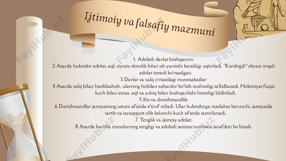 tozona nasihatlar, hikmatli so‘zlar, masal va maqollarga boy. xulosa yusuf xos hojibning “qutadgʻu bilig” asari — o‘z davrining buyuk ijtimoiy, siyosiy va axloqiy tafakkur mahsuli bo‘lib, u nafaqat o‘rta asrlar turkiy dunyosida, balki bugungi kunda ham o‘z dolzarbligini saqlab qolgan. asarda adolat, donishmandlik, baxt, qanoat kabi tushunchalar orqali ideal jamiyat modeli tasvirlanadi. insonning axloqiy kamoloti, ilmga chanqoqligi, davlat boshqaruvidagi halollik va mas’uliyatga alohida urg‘u beriladi. image1.png image2.svg image3.png image4.svg image5.png image6.png image7.png image8.svg image9.png image10.svg image11.png image12.svg image13.jpeg image14.png image15.png image16.svg image17.png image18.jpeg /docprops/thumbnail.jpeg