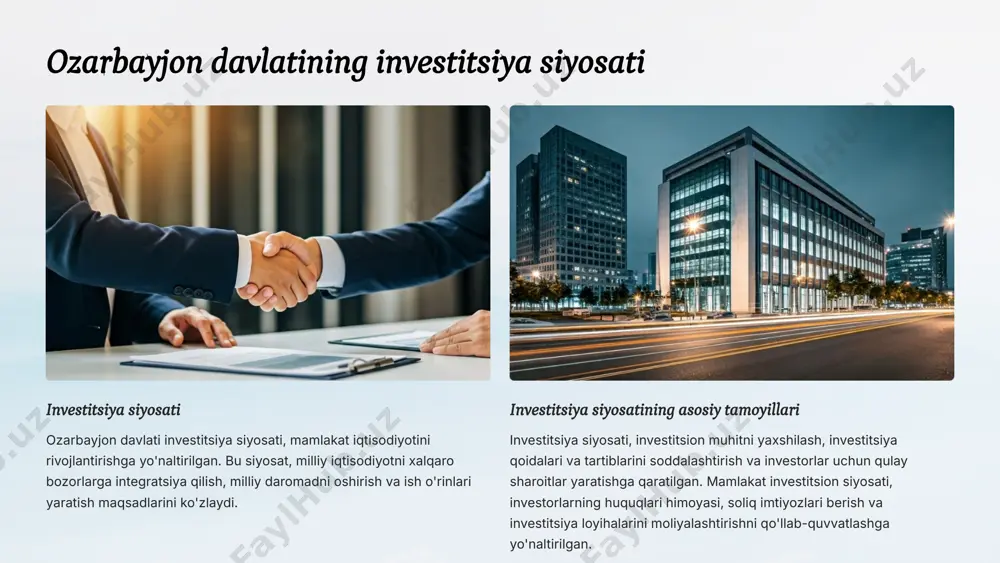 radi. iqtisodiy rivojlanish ozarbayjonning tez sur'atlarda rivojlanayotgan iqtisodiyotini hisobga olgan holda, investitsiyalar uchun katta imkoniyatlar ochiladi. 7 ozarbayjon investitsiya loyihalarining asosiy yo'nalishlari ozarbayjon investitsiya loyihalarining asosiy yo'nalishlari - energiya, turizm, qishloq xo'jaligi, infratuzilma, sanoat, texnologiya va xizmat ko'rsatish sohasi. ushbu sohalar iqtisodiyotni diversifikatsiya qilish va rivojlantirish uchun keng imkoniyatlar taqdim etadi. energetika neft va gaz qazib olish va qayta ishlash loyihalari investitsiyalar uchun muhim yo'nalish hisoblanadi. turizm mehmonxonalar, kurortlar, sayyohlik markazlari va infrastruktura loyihalari investitsiyalarni jalb qilmoqda. sanoat qayta ishlash sanoati, metallurgiya va boshqa sanoat tarmoqlari investitsiyalar uchun katta salohiyatga ega. infratuzilma yo'l, temir yo'l, energiya va aloqa tarmoqlari rivojlanishi investitsiyalarni talab qiladi. 8 ozarbayjon investitsiya loyihalarini moliyalashtirish manbaalari ozarbayjon investitsiya loyihalarini moliyalashtirish uchun turli xil manbalar mavjud - xorijiy to'g'ridan-to'g'ri investitsiyalar, grantlar, kreditlar va davlat investitsiyalari. turli moliyalashtirish manbalaridan foydalanish investitsiya loyihalarining samaradorligini oshiradi. xorijiy to'g'ridan-to'g'ri investitsiyalar xalqaro investorlarning bevosita kompaniyalarga yoki loyihalarga investitsiyalari grantlar xorijiy davlatlar va tashkilotlar …