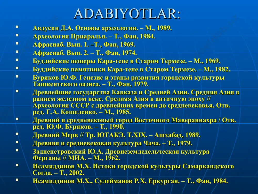 v. 250-128 yillar) vaqt yashadi. yunon-baqtriya davlatining asosini baqtriya, so’g’diyona, marg’iyona yerlari tashkil etgan bo’lib, ular iqtisodiy jihatdan to’q, shaharlari ko’p, tabiiy boyliklari mo’l hududlar edi. baqtriyada – (afg’oniston qismida) bagram, baqtra, oyxonum, dalvarzin kabi; qabadshoh, qayqabod, ko’hnaqal’a (tojikiston qismida), dalvarzintepa, dunyotepa, jondavlattepa va boshqa ko’plab qadimgi shahar xarobalari (o’zbekiston qismida) ochib o’rganilgan so’g’diyonada yerqo’rg’on, afrosiyob, talli barzu yodgorliklarining shu davrga oid madaniy qatlamlari, marg’iyonada govurqal’a kabi shahar qoldiqlari tadqiq etilgan