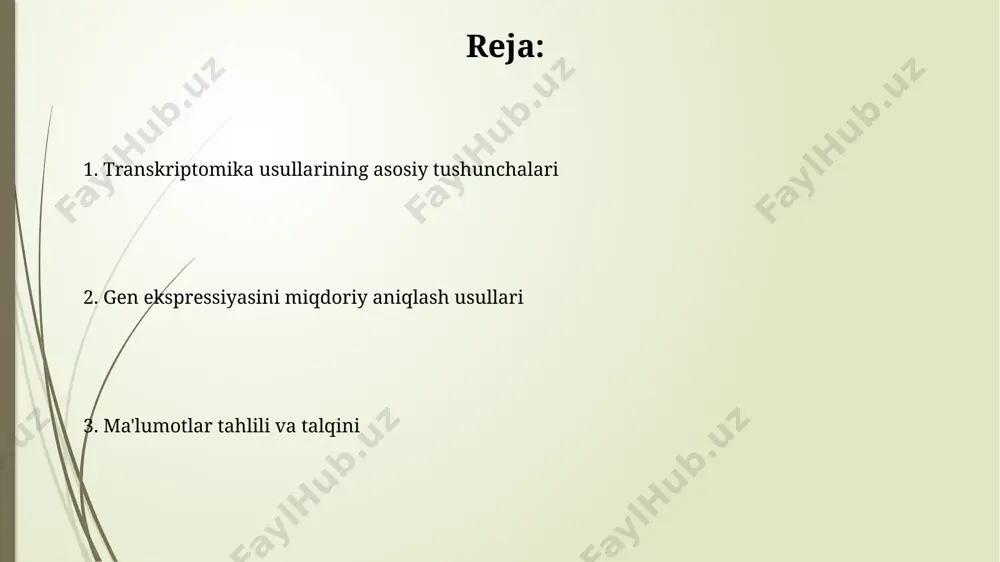 i va p-qiymati 0.05 dan kam bo'lgan genlar differensial ekspression qilingan deb hisoblanadi. rnk-seq texnologiyasi rnk-seq texnologiyasi millionlab rnk molekulalarini ketma-ketlikka joylashtirib, transkriptlarning nisbiy miqdorini aniqlaydi va shu orqali gen ekspressionini keng qamrovli tahlil qilish imkonini beradi. rnk-seq texnologiyasi, differensial ekspression tahlili kabi statistik usullar bilan birgalikda, 0,05 dan kam p-qiymati bilan yuqori aniqlikdagi natijalar beradi. taqdirlash va normalizatsiya usullari taqdirlashda rpkm (reads per kilobase million) kabi usullar transkript uzunligini hisobga olib, millionta o'qishdagi har bir genning transkript miqdorini aniqlaydi, bu nisbiy ifodani ta'minlaydi. normalizatsiya uchun tmm (trimmed mean of m-values) usuli, gen ifodasining o'zgaruvchanligini hisobga olgan holda, namunalar o'rtasidagi umumiy o'qish sonini hisobga oladi va 10000 ga yaqin genlarni tahlil qilish uchun mos keladi. yo'l boyitish tahlili mikroray (mikroarray) tahlili 20 000 dan ortiq genlarning ifodalanishini bir vaqtning o'zida o'lchashga imkon beradi va bu natijalar differentsial gen ekspressionini aniqlashga yordam beradi. gen ekspressionining miqdoriy aniqlanishida rnk ketma-ketligini aniqlash texnologiyalari …