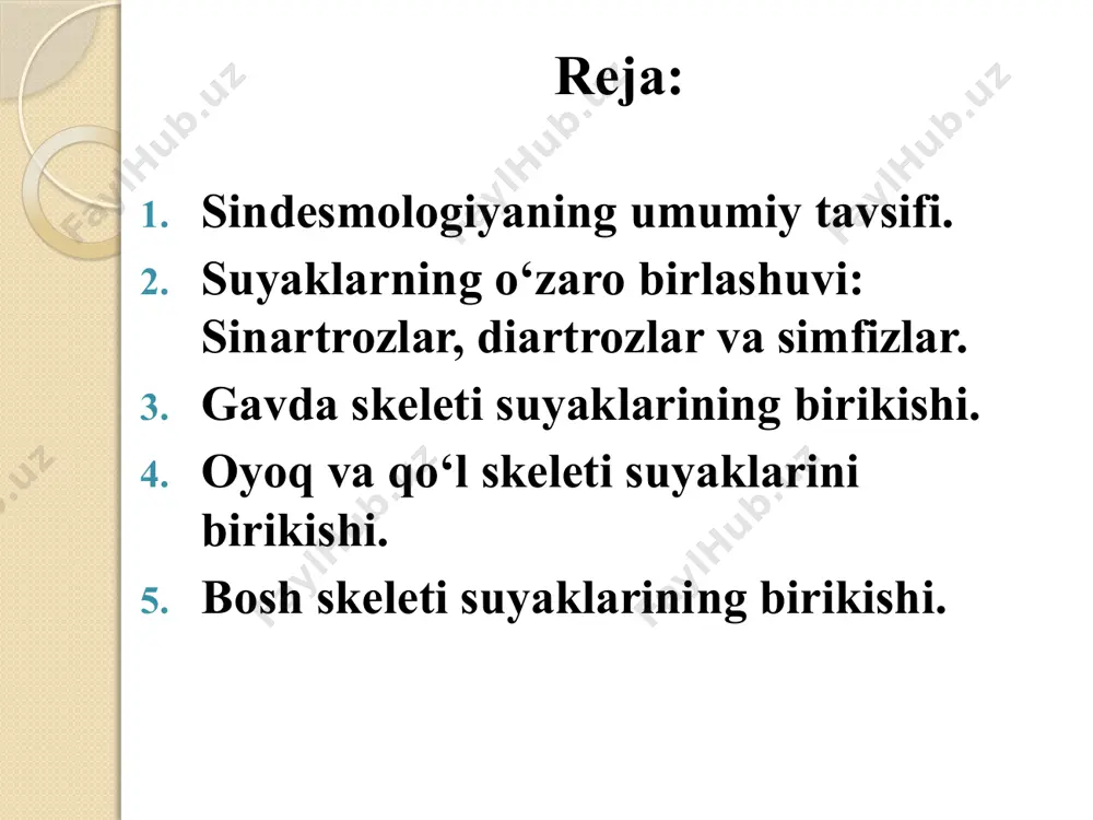 uyaklar orasida ular keng parda shaklida bo’ladiki, bu pardalar suyaklararo parda deb ataladi. masalan, bilak va tirsak suyaklari orasidagi parda, katta va kichik boldir suyaklari orasidagi parda shunday pardalardan hisoblanadi. suyaklar o’rtasidagi biriktiruvchi to’qima tolalari tutam-tutam bo’lib joylashsa, boylam (ligamentum) deb ataladi. ba’zan bunday boylamlar elastik (mayin bukiluvchan) to’qimadan tuzilgan bo’ladi (umurtqa ravoqlari orasidagi sariq boylamlar). harakatsiz birikish 2. sutura — suyaklarning bir-biri bilan tishsimon chiqiqlar yordamida birlashib yoki taqalib choklar hosil qilishi. bosh suyaklarining ko’pchiligi shu xilda birikkan bo’ladi. bunday birlashmalarning orasida yupqa biriktiruvchi to’qima pardasi bo’ladi. chokli birlashmalarning uchta turi tafovut qilinadi: a)ikkita suyak chetidagi tishlarning (tishsimon chiqiqlarning) bir-biri orasiga kirishidan hosil bo’lgan chokka aytiladi (masalan, kallaning har ikkala tepa suyaklari orasidagi chok); b)bitta suyak tangasi chetining ikkinchi suyak tangasi chetiga ustma-ust yopishib turishidan hosil bo’lgan chok (masalan, chakka suyagi bilan tepa suyagi orasidagi chok); v) silliq yoki tekis chok - bir suyak qirg’og’ining ikkinchi suyak qirg’og’i bilan …